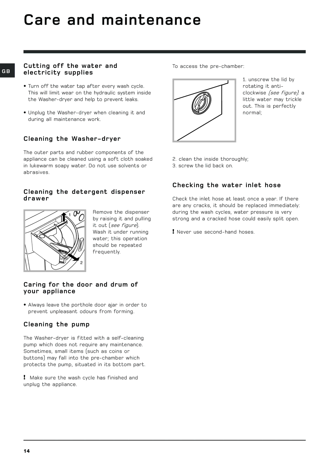 Hotpoint BHWD129 manual Care and maintenance 