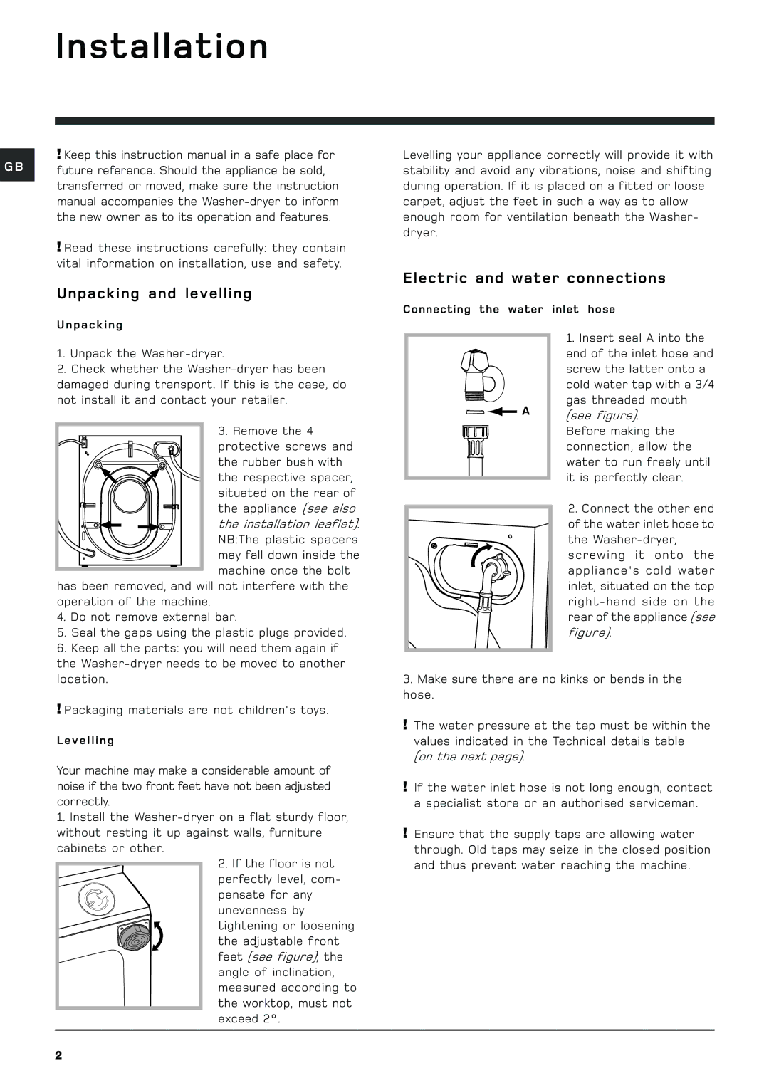 Hotpoint BHWD129 manual Installation, Unpacking and levelling, Electric and water connections 