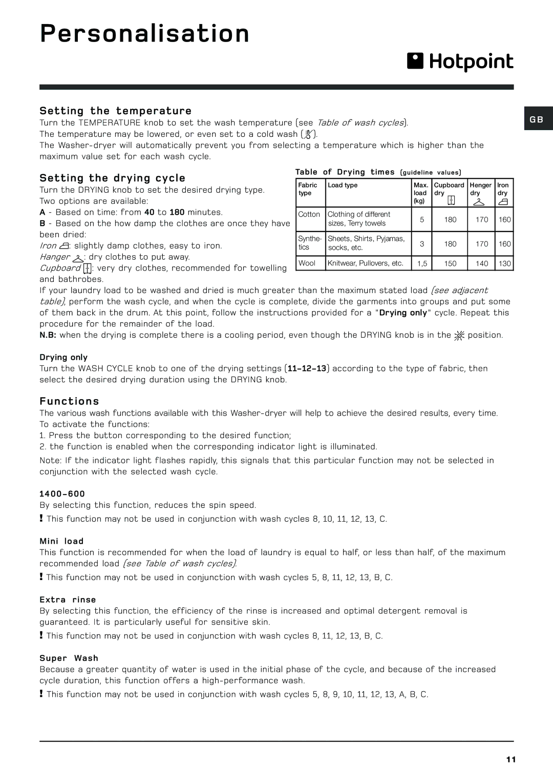 Hotpoint BHWD149 manual Personalisation, Setting the temperature, Setting the drying cycle, Functions 