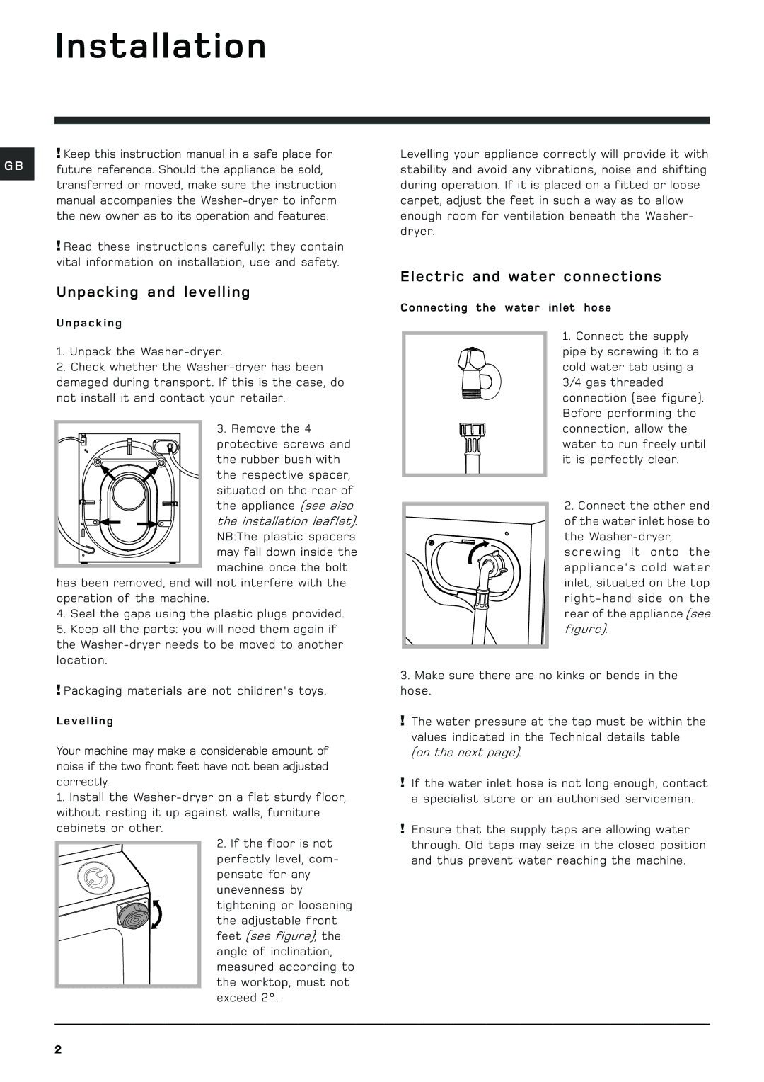 Hotpoint BHWD149 manual Installation, Unpacking and levelling, Electric and water connections 