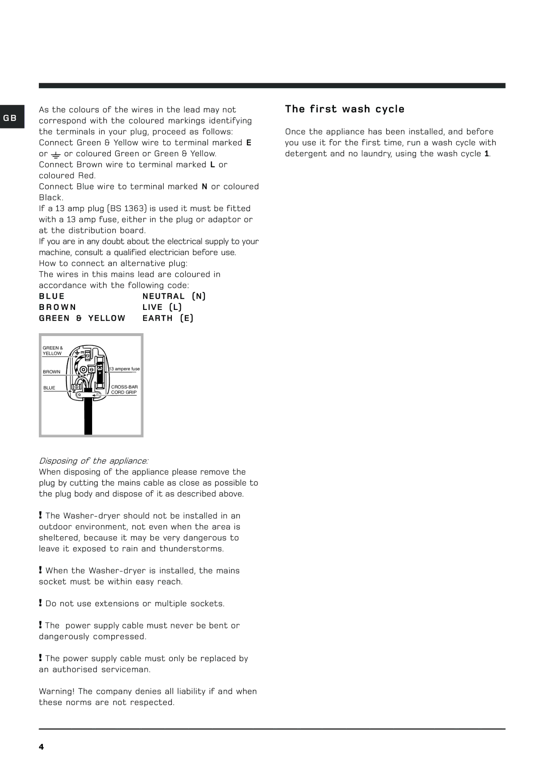 Hotpoint BHWD149 manual First wash cycle 