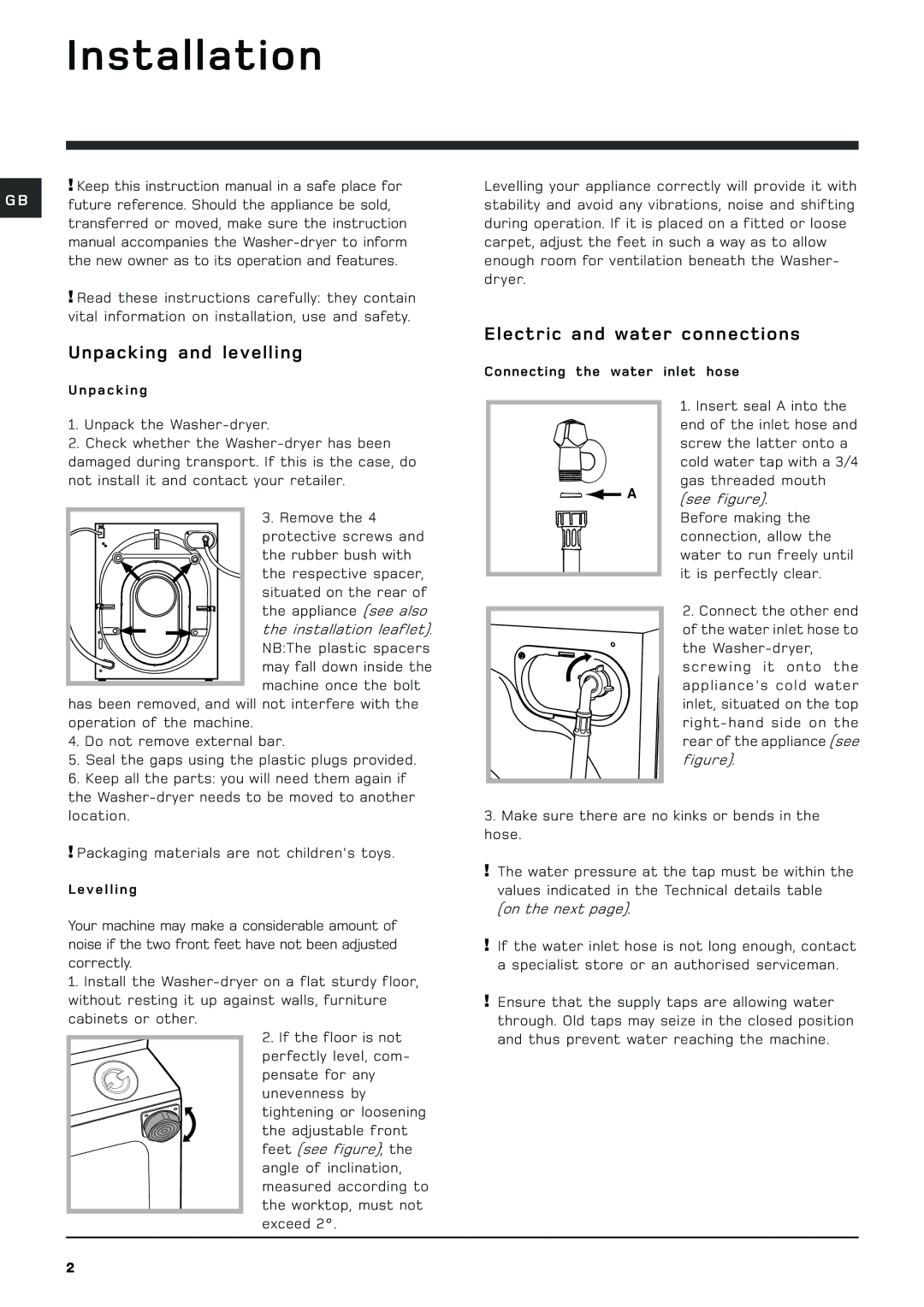 Hotpoint BHWD149 manual Installation, Unpacking and levelling, Electric and water connections 