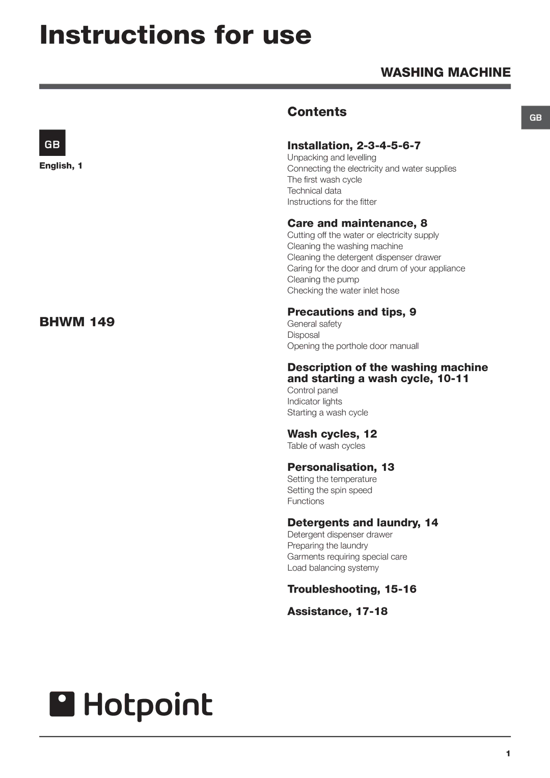 Hotpoint BHWM 149 manual Instructions for use, Contents 