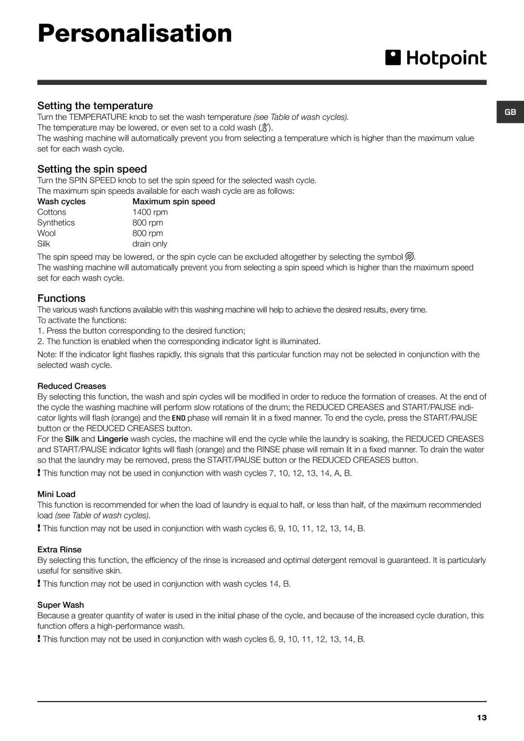 Hotpoint BHWM 149 manual Personalisation, Setting the temperature, Setting the spin speed, Functions 