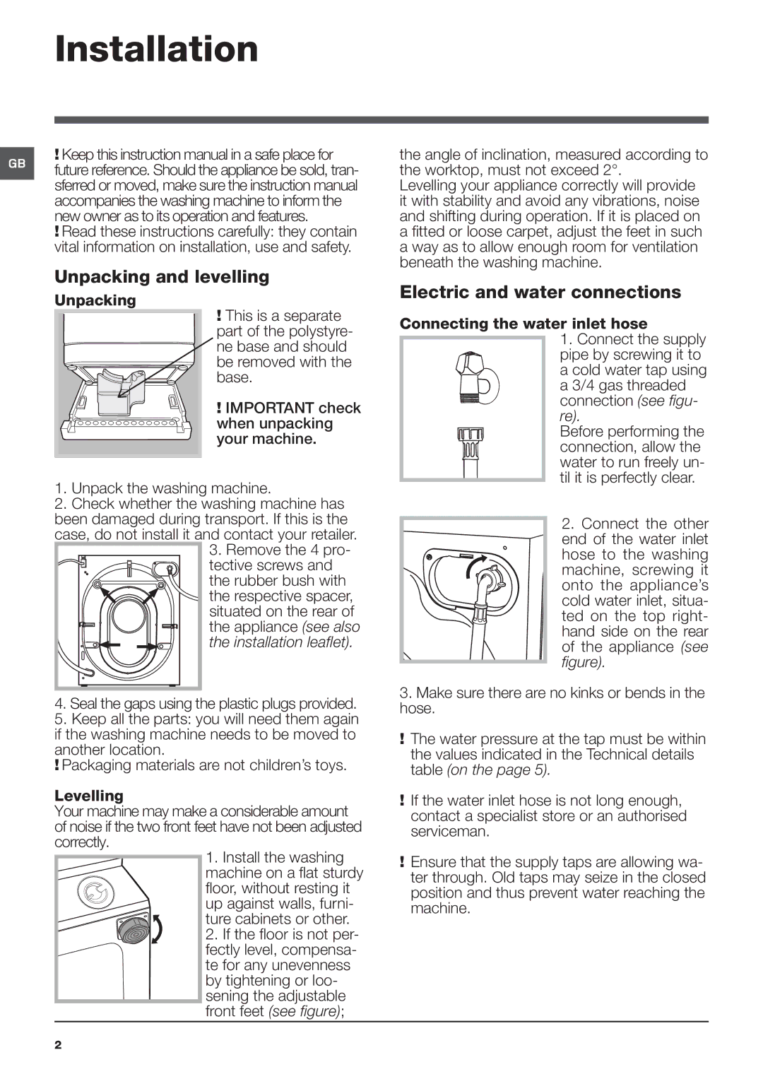 Hotpoint BHWM 149 manual Installation, Unpacking and levelling, Electric and water connections 