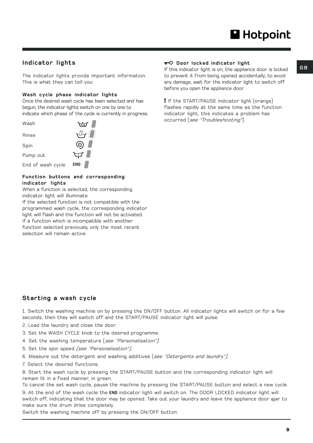 Hotpoint BHWM129 manual Indicator lights, Starting a wash cycle 