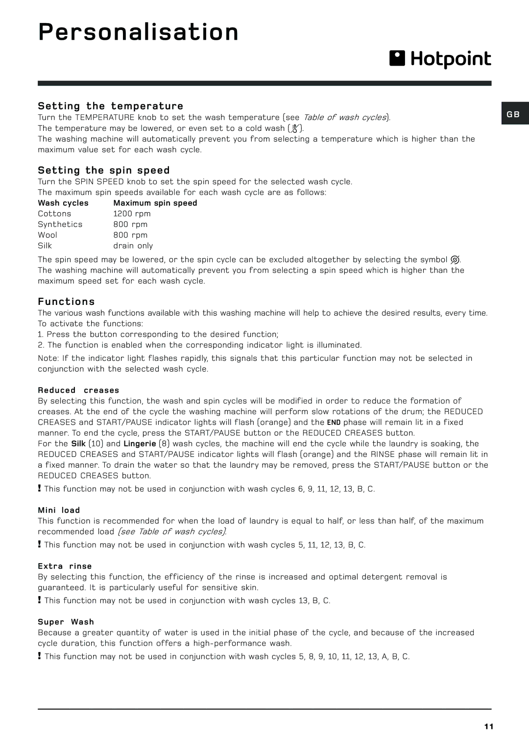 Hotpoint BHWM129 manual Personalisation, Setting the temperature, Setting the spin speed, Functions 