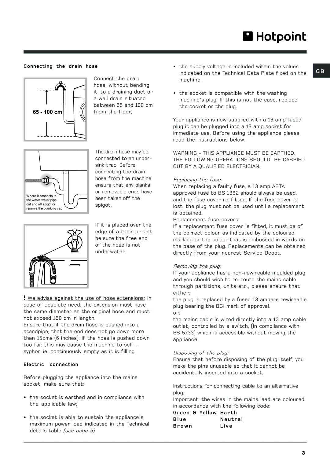 Hotpoint BHWM129 manual 65 100 cm 