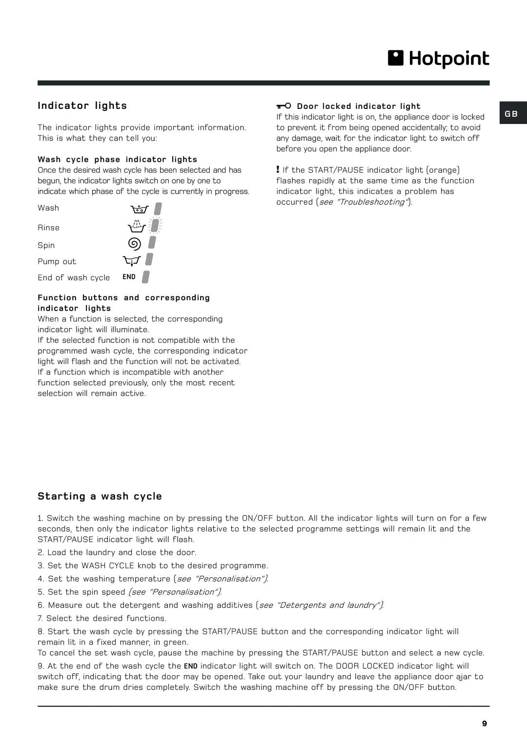 Hotpoint BHWM129 manual Indicator lights, Starting a wash cycle 