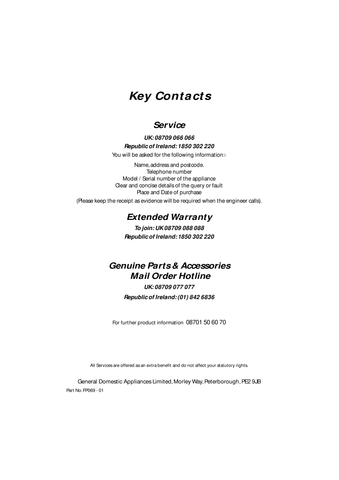 Hotpoint BL31 manual Key Contacts 