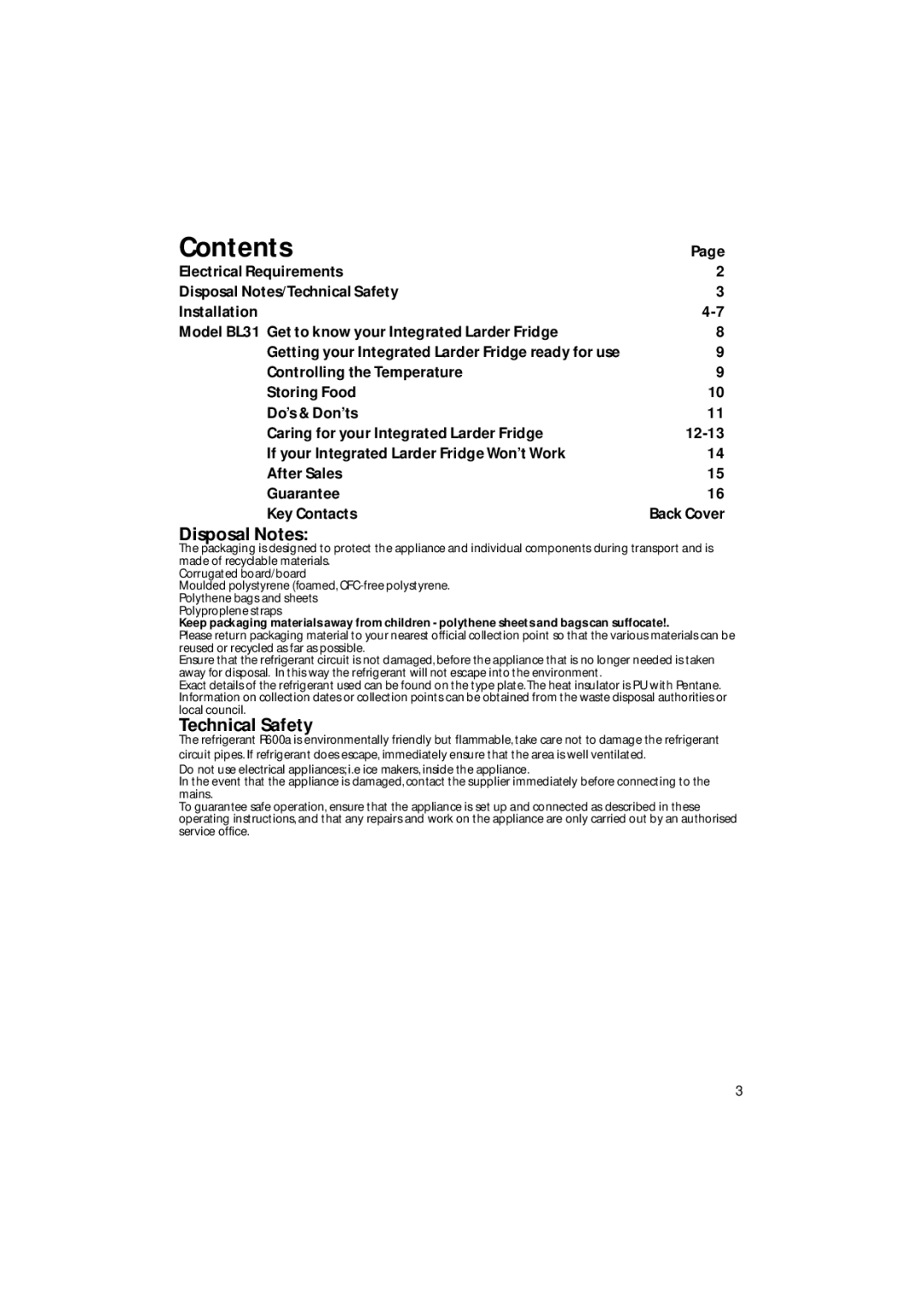 Hotpoint BL31 manual Contents 