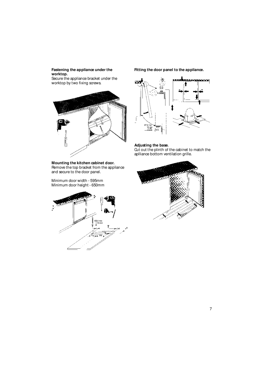 Hotpoint BL31 manual Fastening the appliance under the worktop, Fitting the door panel to the appliance Adjusting the base 