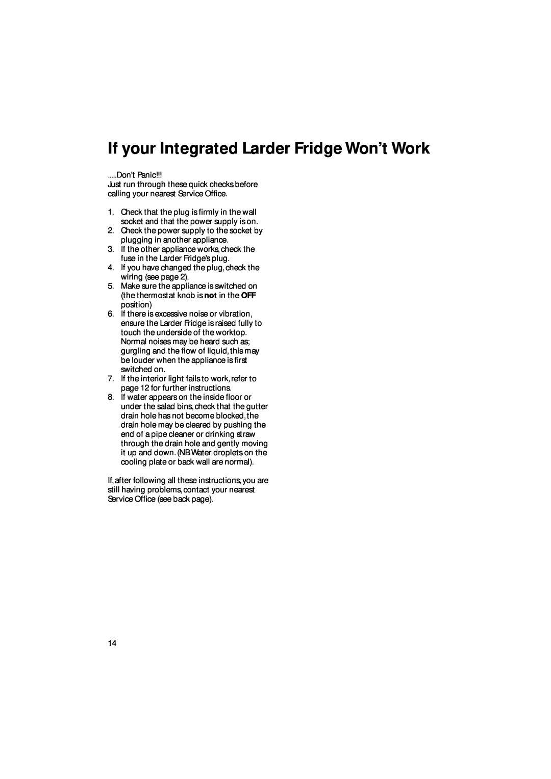 Hotpoint BL31 manual If your Integrated Larder Fridge Won’t Work 