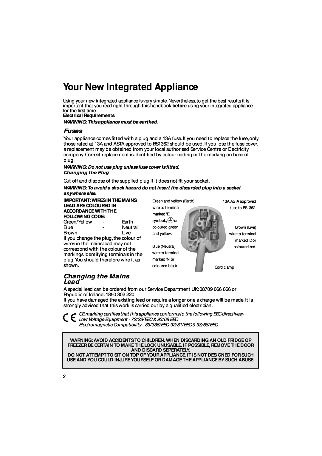 Hotpoint BL31 manual Your New Integrated Appliance, Fuses, Changing the Mains Lead, Electrical Requirements 