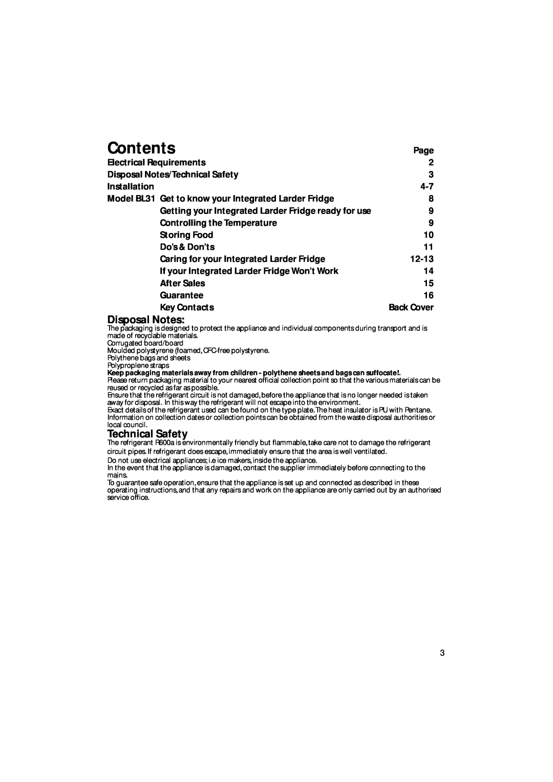 Hotpoint BL31 manual Contents, Disposal Notes, Technical Safety 