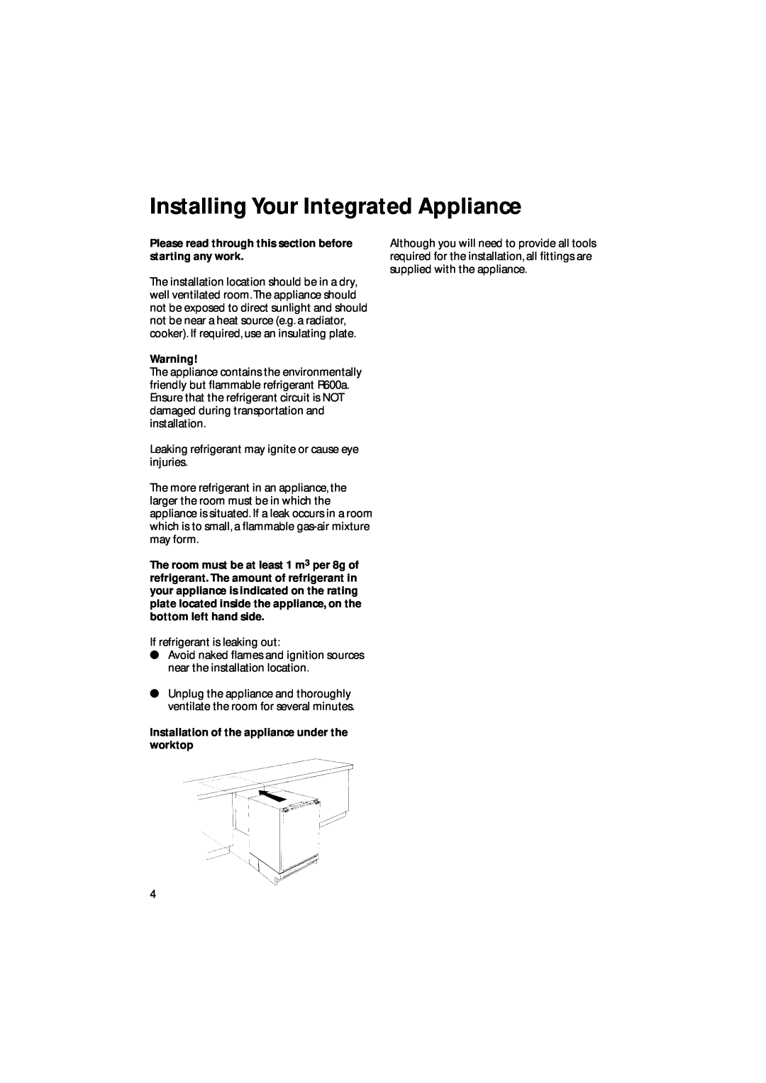 Hotpoint BL31 manual Installing Your Integrated Appliance, Please read through this section before starting any work 