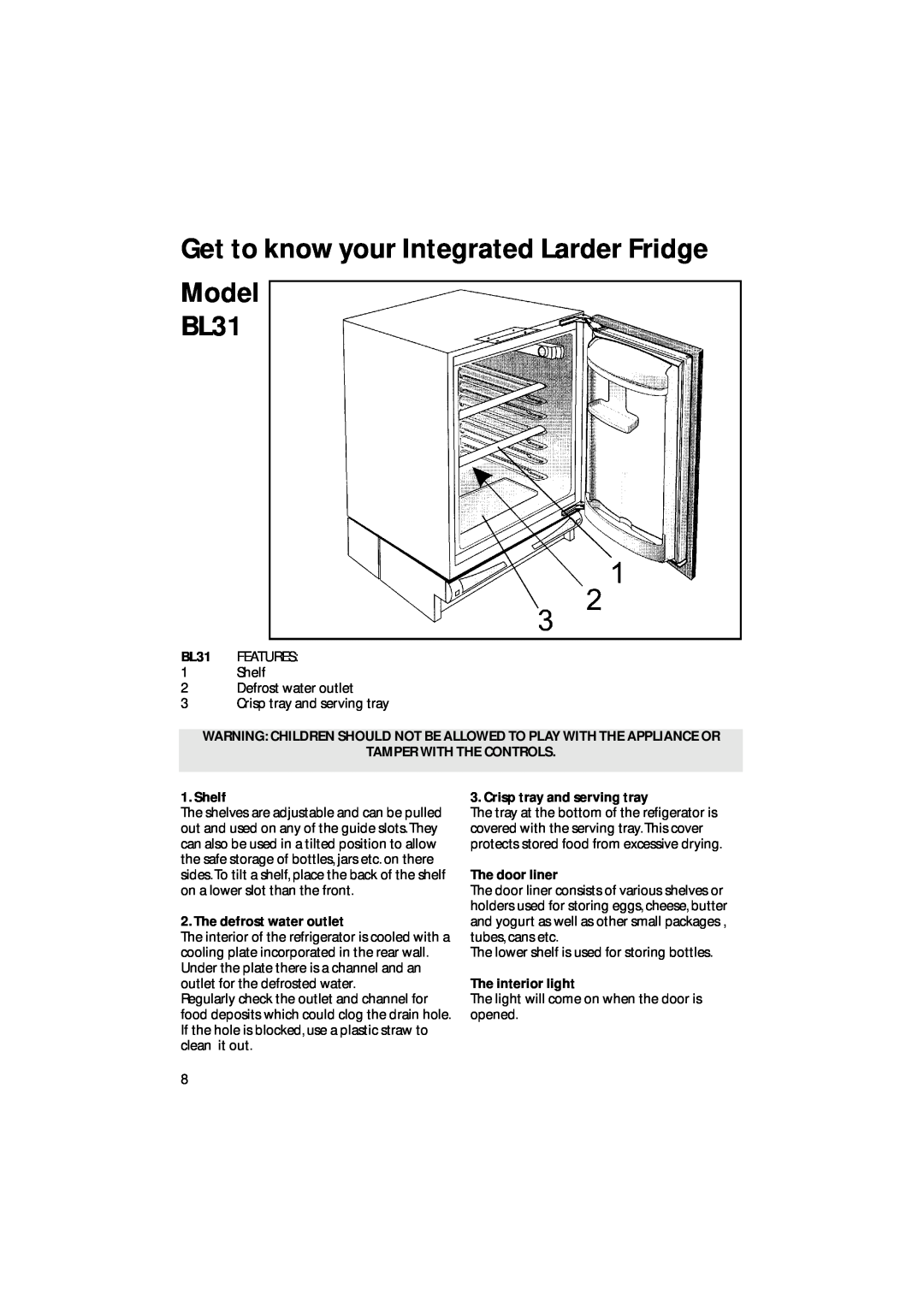 Hotpoint manual Get to know your Integrated Larder Fridge Model BL31, Tamper With The Controls, Shelf, The door liner 
