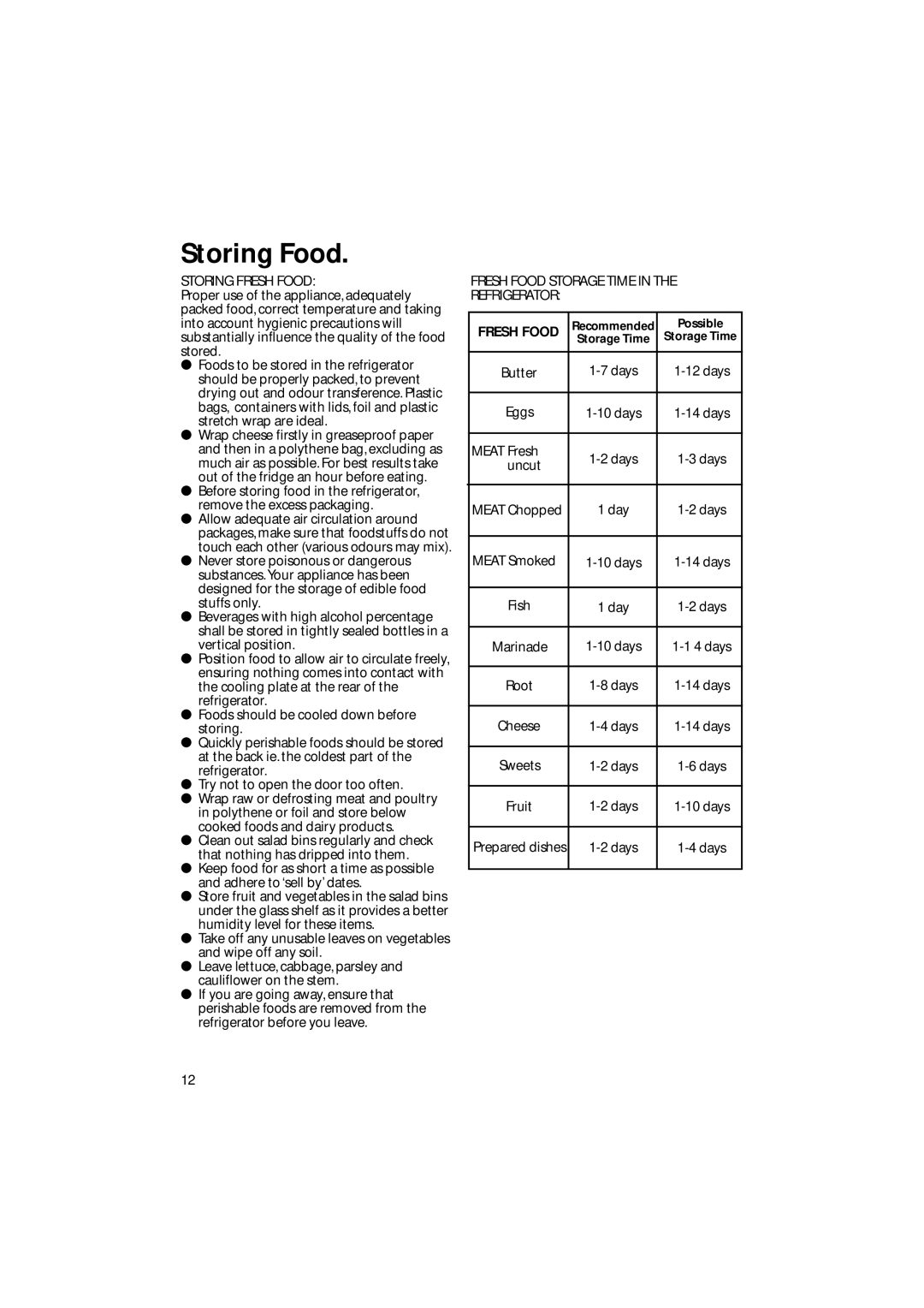 Hotpoint BM21, BM10 manual Storing Food, Storing Fresh Food, Fresh Food Storage Time Refrigerator 