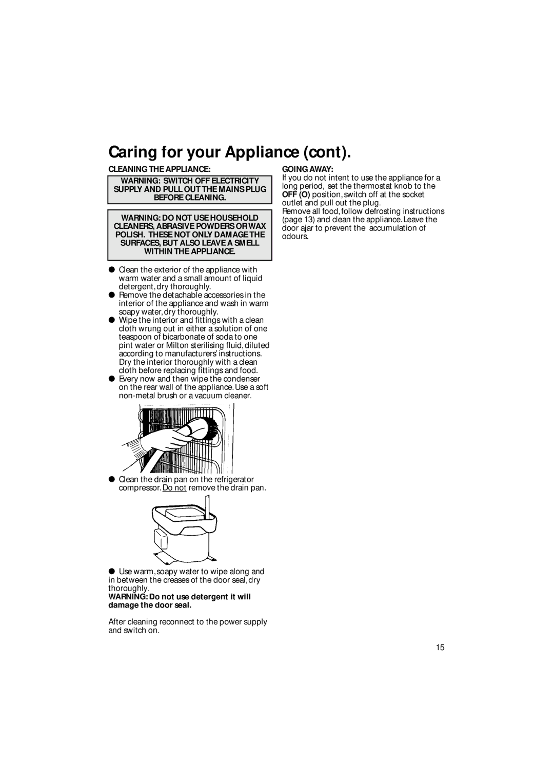 Hotpoint BM10, BM21 manual Cleaning the Appliance, Going Away 