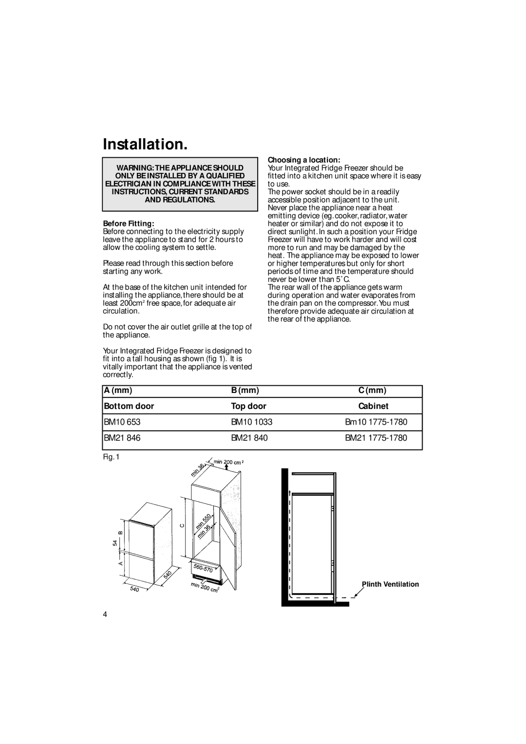 Hotpoint BM21, BM10 manual Installation, Before Fitting, Choosing a location 