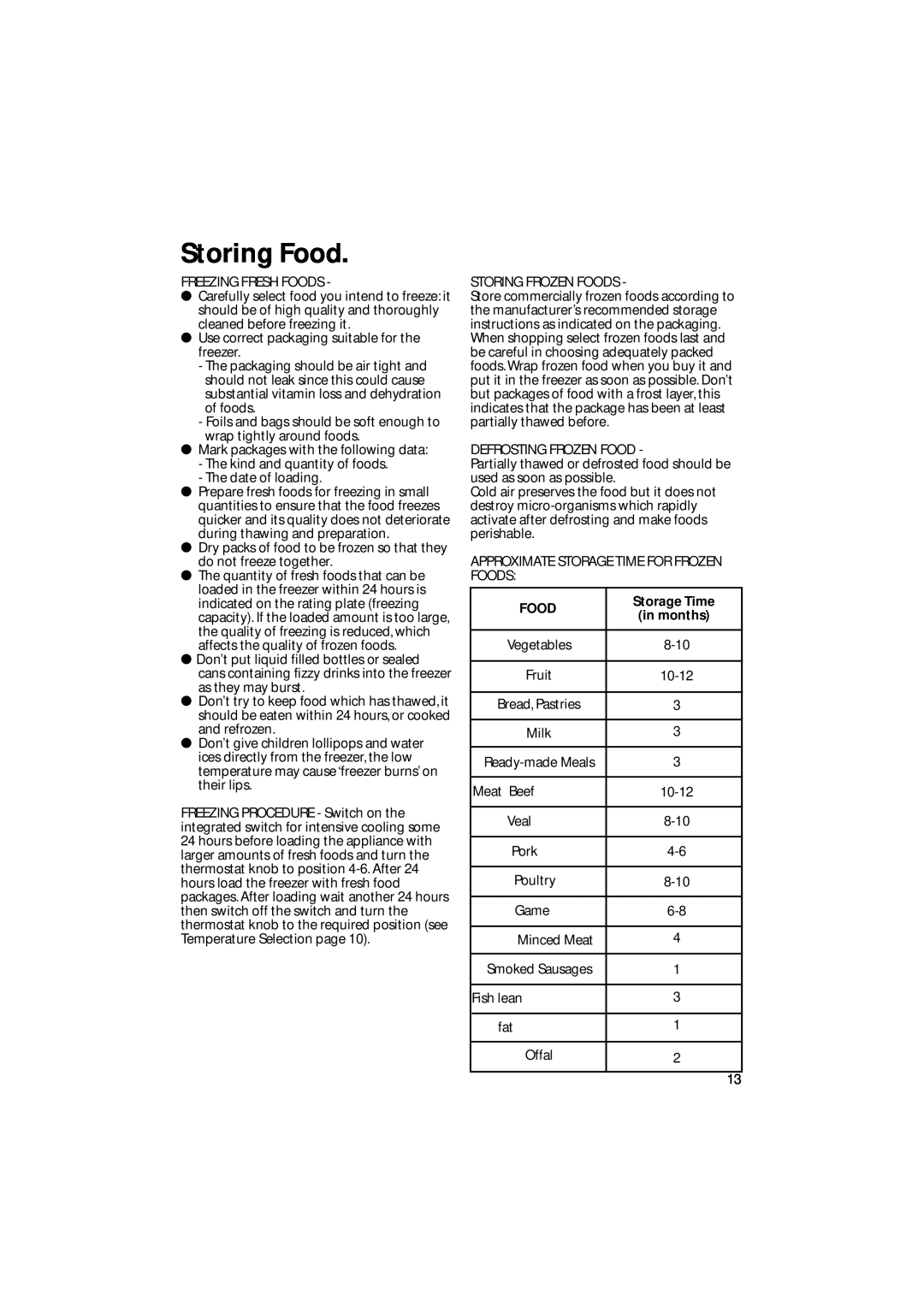 Hotpoint BM10, BM21 manual Storing Food, Storage Time 