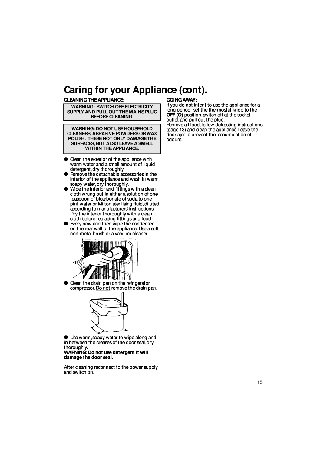 Hotpoint BM10, BM21 manual Caring for your Appliance cont, Cleaning The Appliance, Going Away 