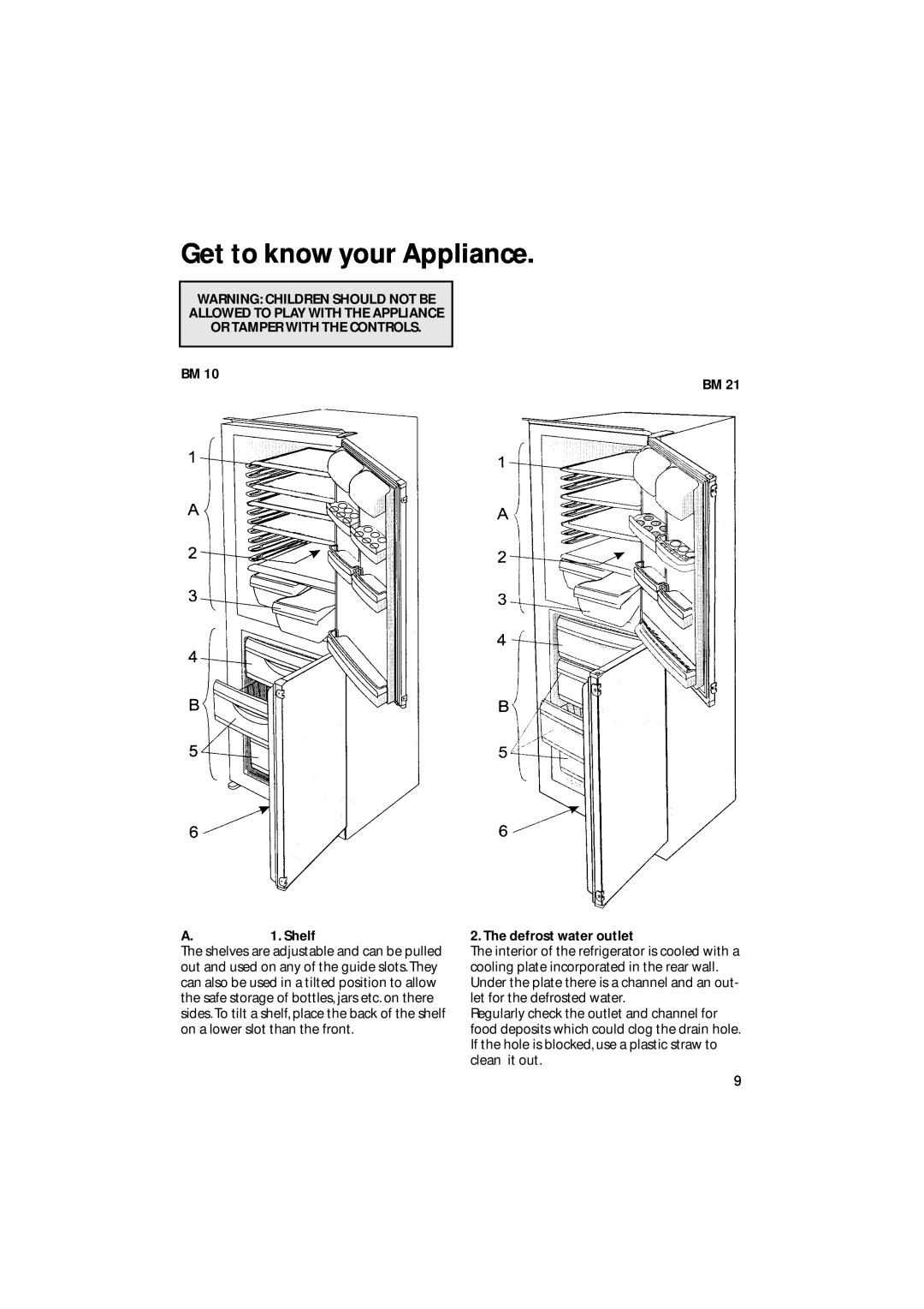 Hotpoint BM10 Get to know your Appliance, Warning Children Should Not Be Allowed To Play With The Appliance, A. 1. Shelf 