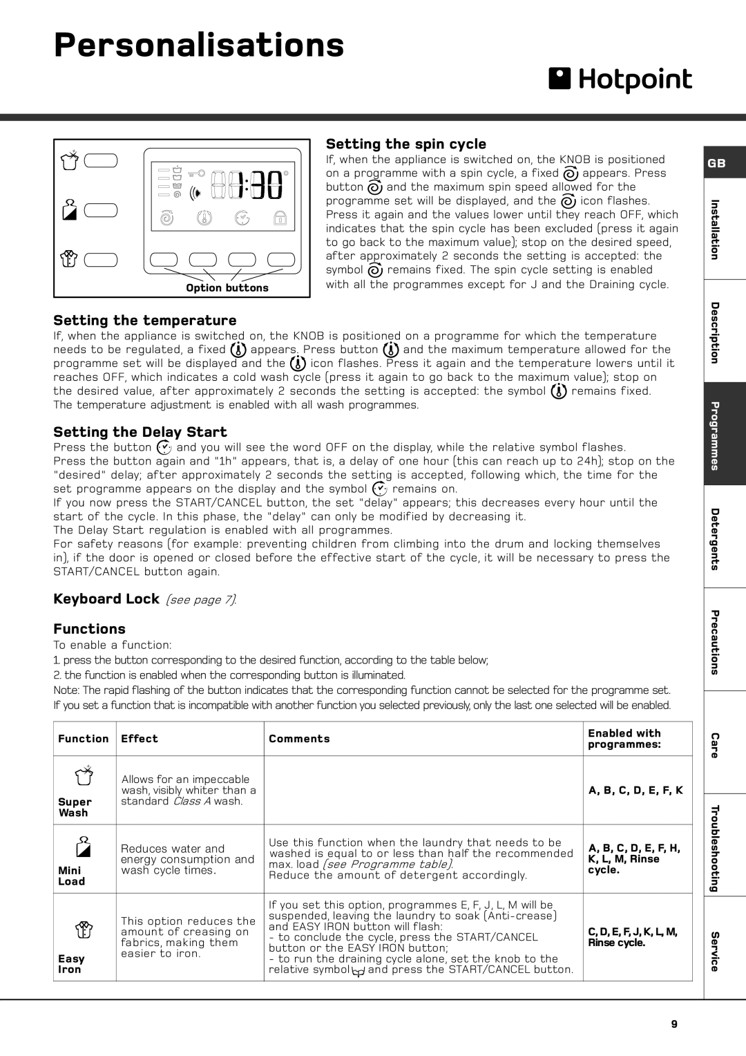 Hotpoint BS 1400 manual Personalisations, Setting the spin cycle, Setting the temperature, Setting the Delay Start 