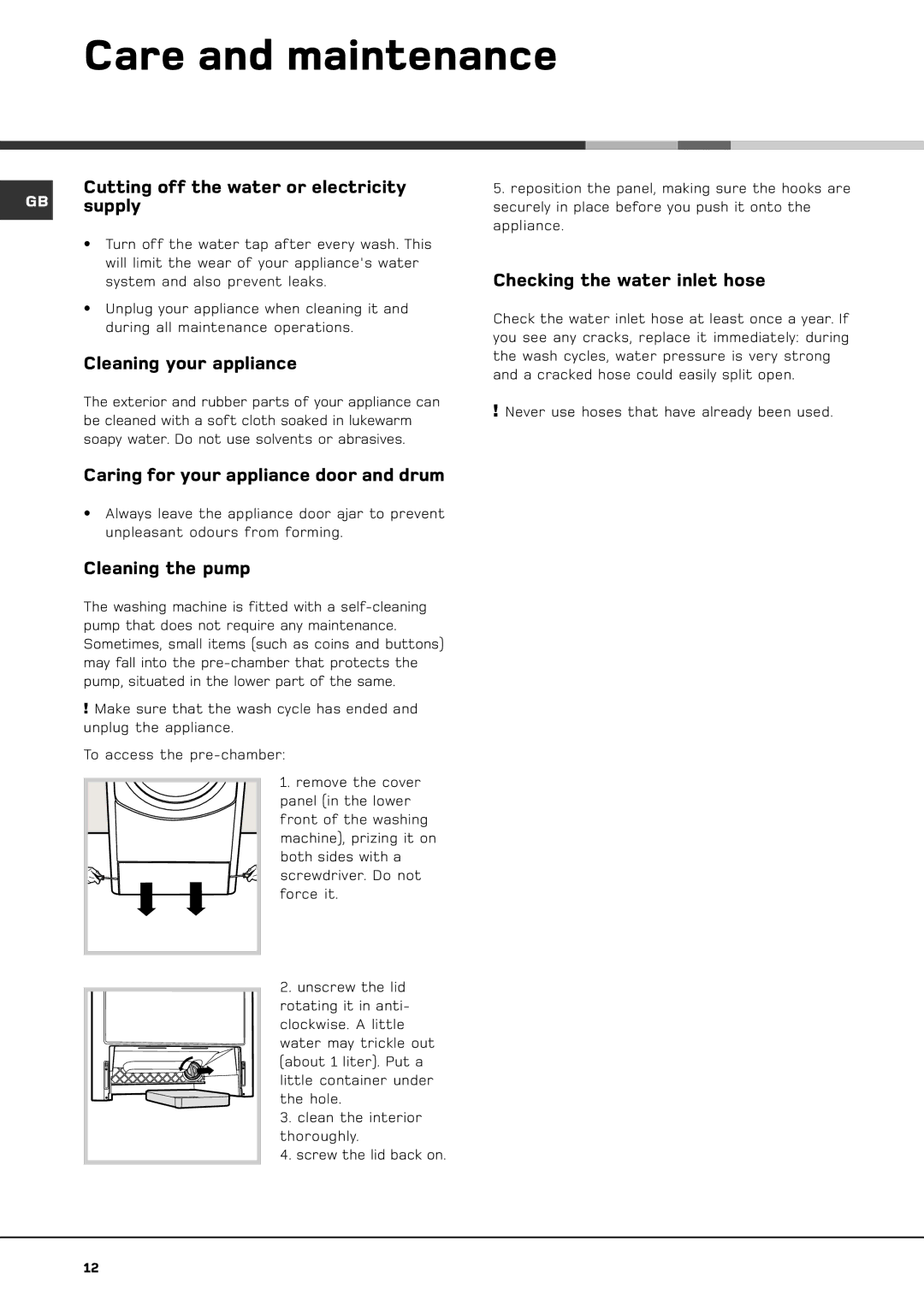 Hotpoint BS 1400 manual Care and maintenance 