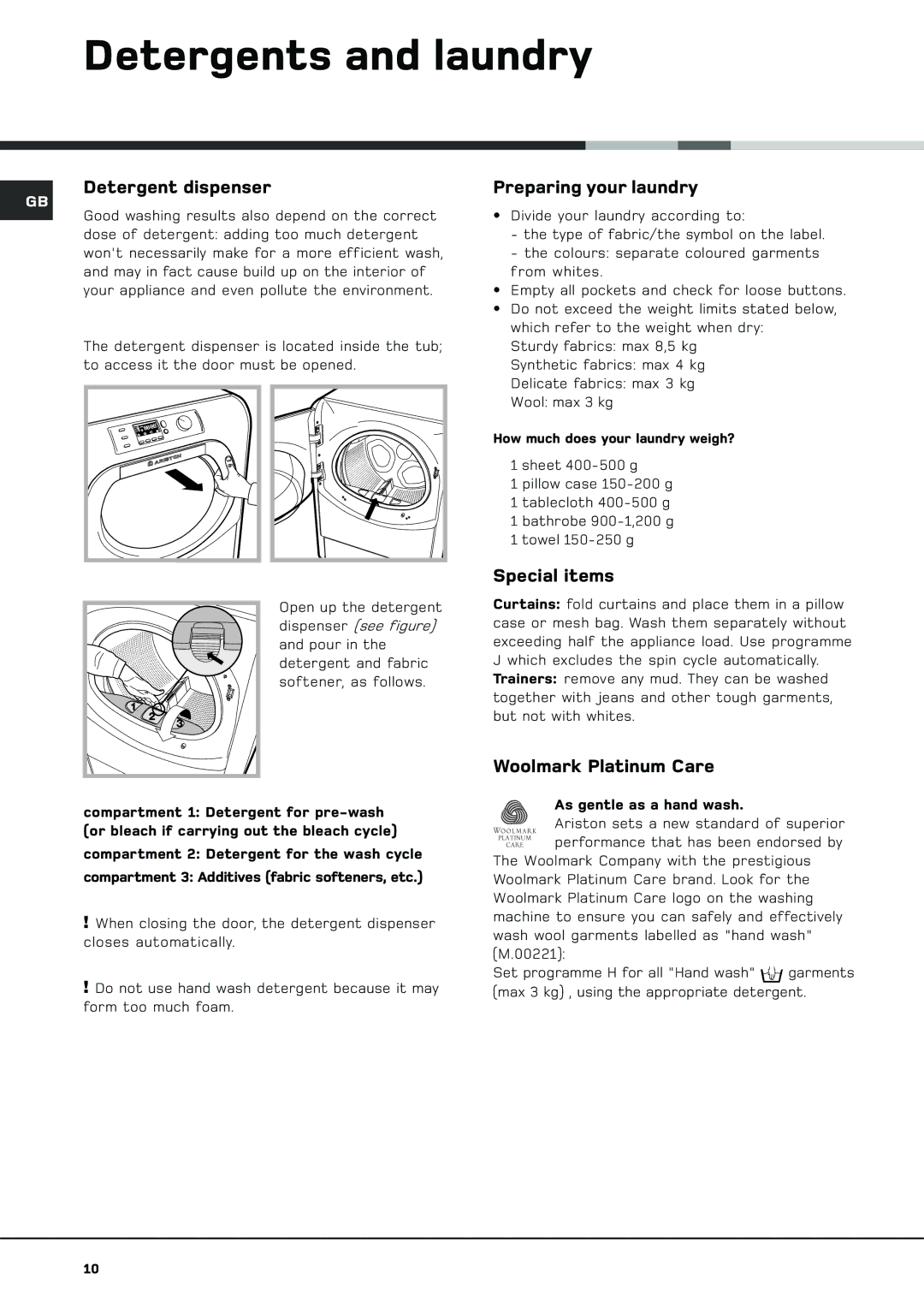 Hotpoint BS 1400 manual Detergents and laundry, Detergent dispenser, Preparing your laundry, Special items 