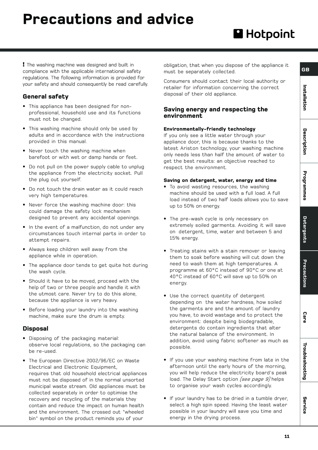 Hotpoint BS 1400 manual Precautions and advice, General safety, Disposal, Saving energy and respecting the environment 