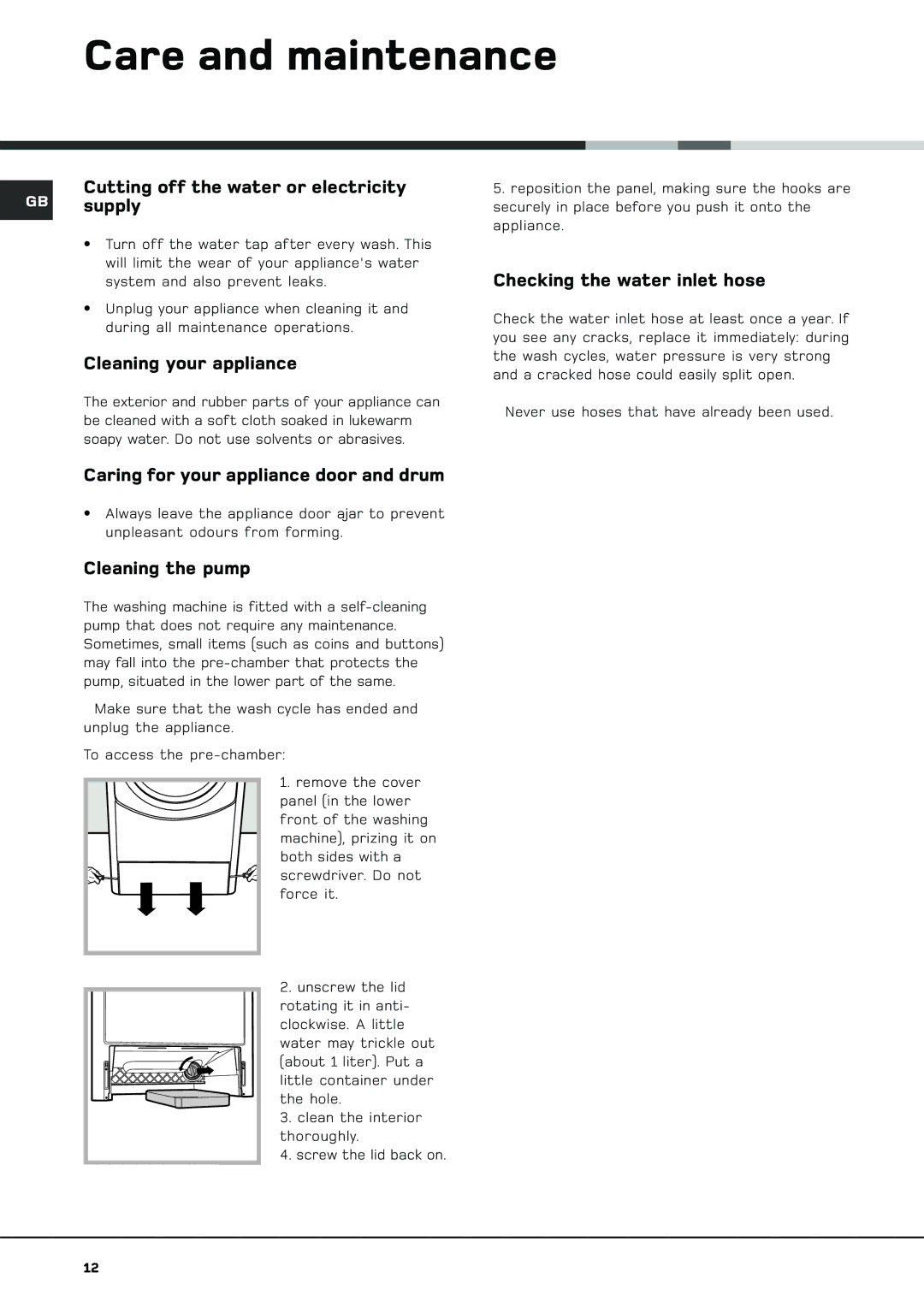 Hotpoint BS 1400 manual Care and maintenance 