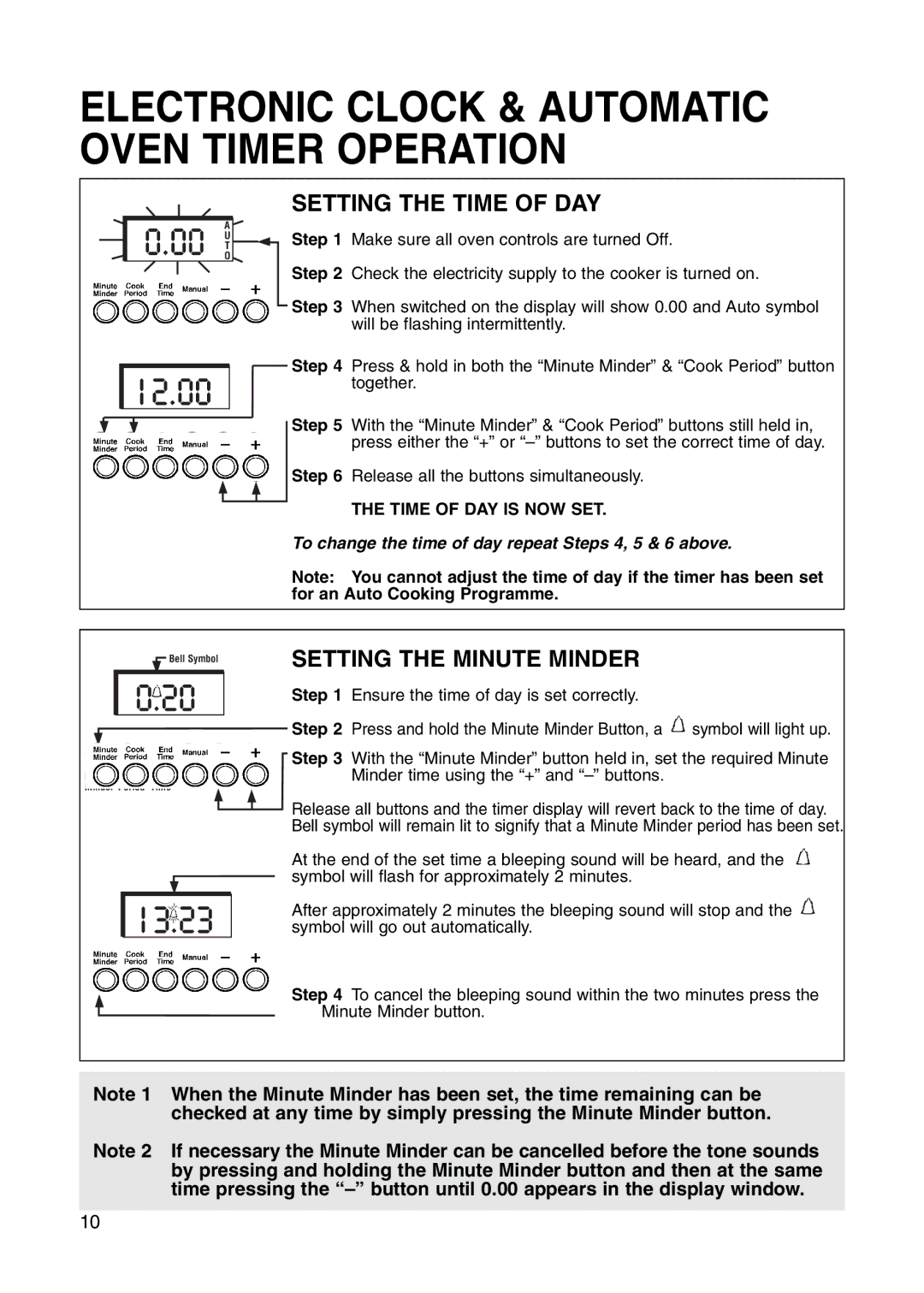 Hotpoint BS41X manual Setting the Time of DAY, Setting the Minute Minder 