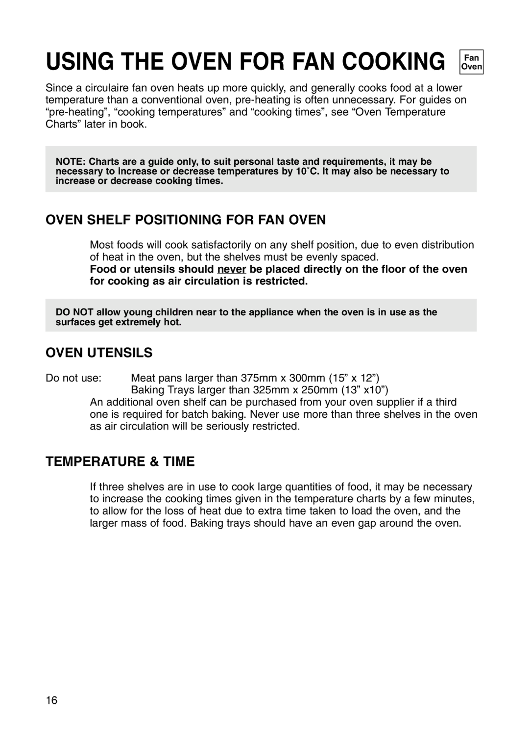 Hotpoint BS41X manual Oven Shelf Positioning for FAN Oven, Oven Utensils, Temperature & Time 