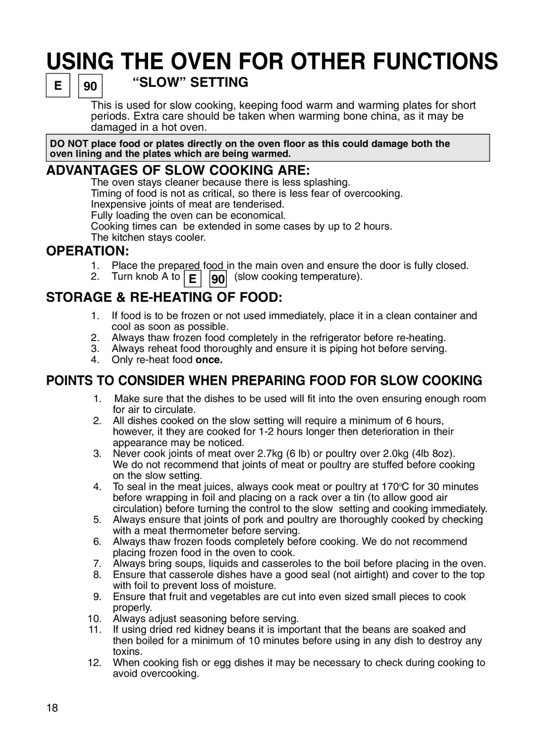 Hotpoint BS41X manual Slow Setting, Advantages of Slow Cooking are, Operation, Storage & RE-HEATING of Food 