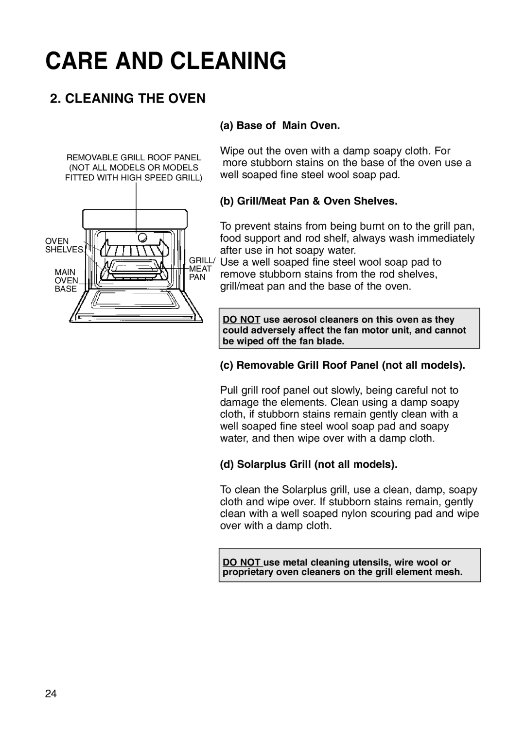 Hotpoint BS41X manual Cleaning the Oven, Base of Main Oven, Grill/Meat Pan & Oven Shelves, Solarplus Grill not all models 