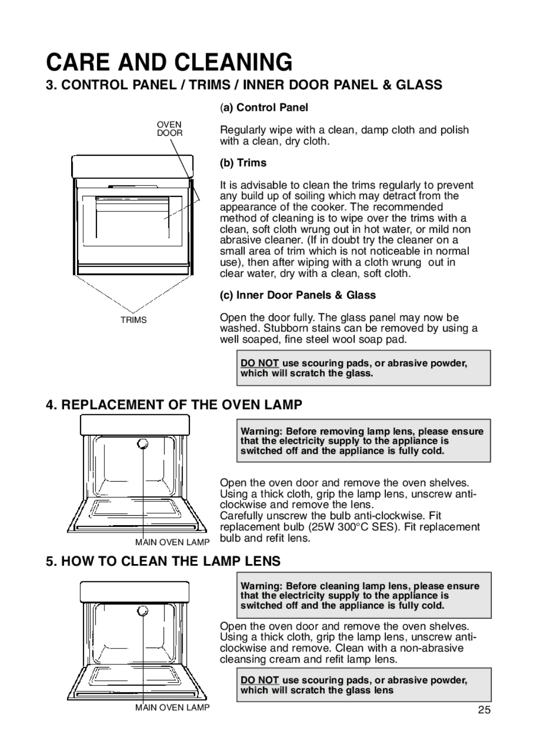 Hotpoint BS41X Control Panel / Trims / Inner Door Panel & Glass, Replacement of the Oven Lamp, HOW to Clean the Lamp Lens 