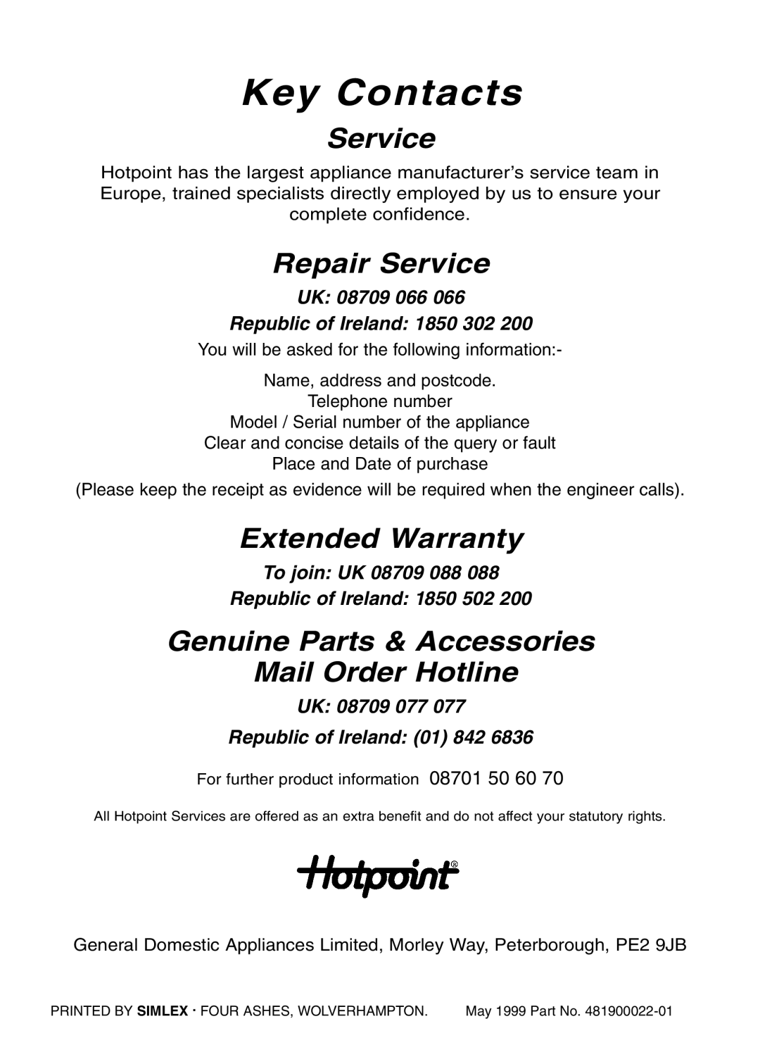 Hotpoint BS41X manual Key Contacts 