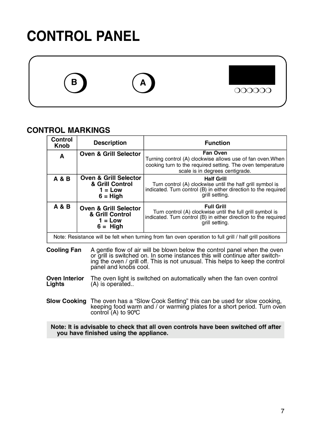 Hotpoint BS41X manual Control Panel, Control Markings 