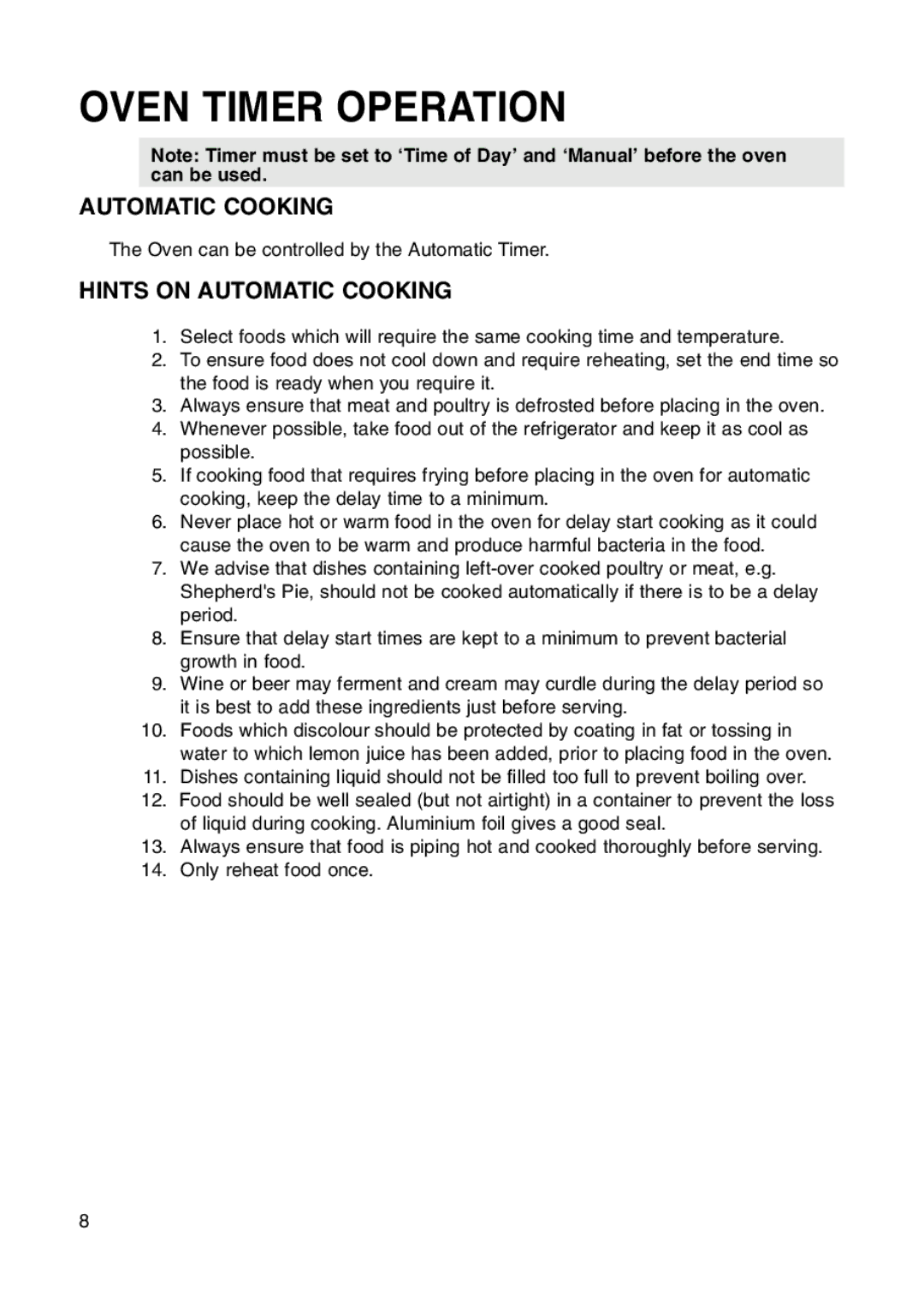 Hotpoint BS41X manual Oven Timer Operation, Hints on Automatic Cooking 