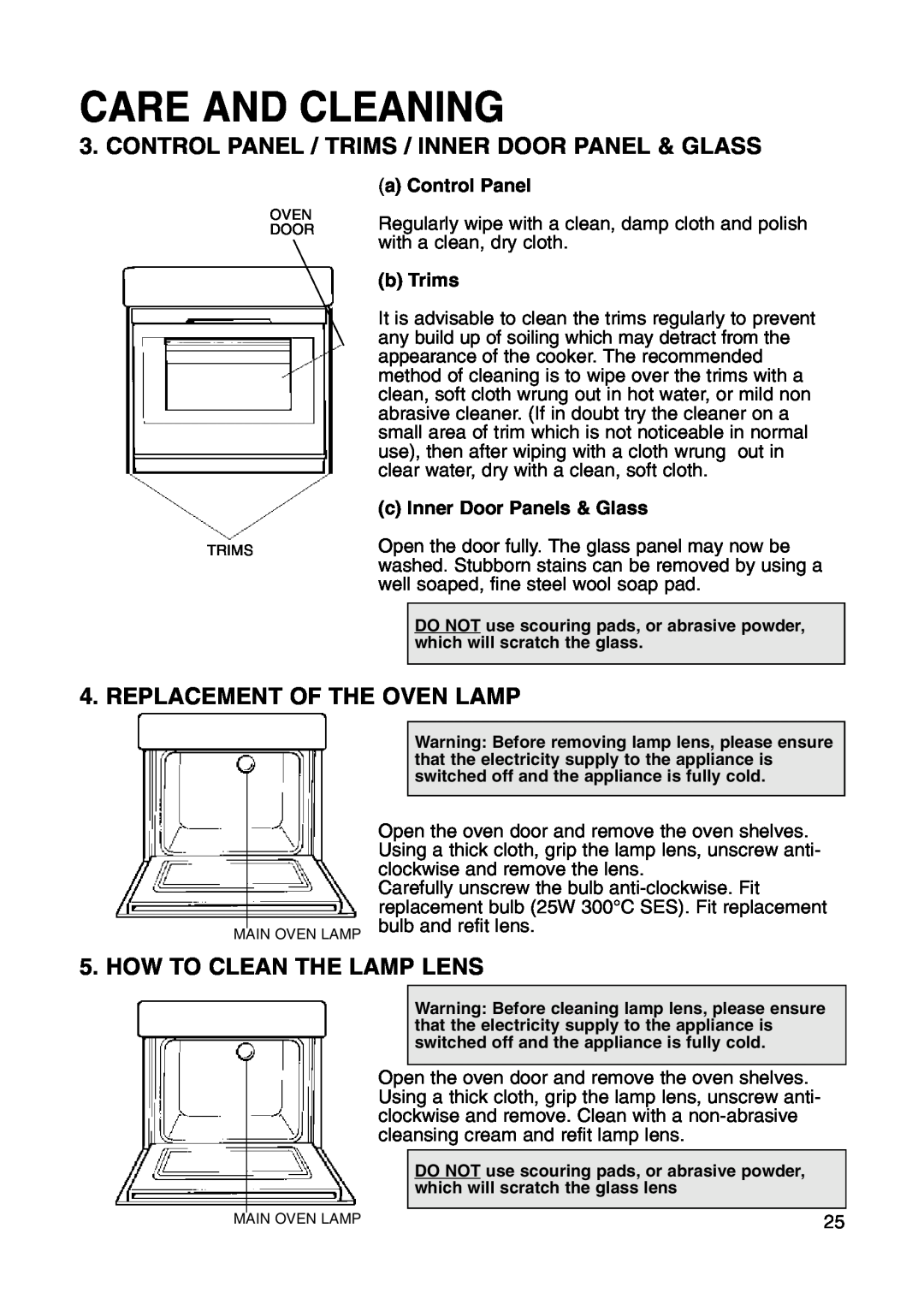 Hotpoint BS41X manual Care And Cleaning, Replacement Of The Oven Lamp, How To Clean The Lamp Lens, a Control Panel, b Trims 