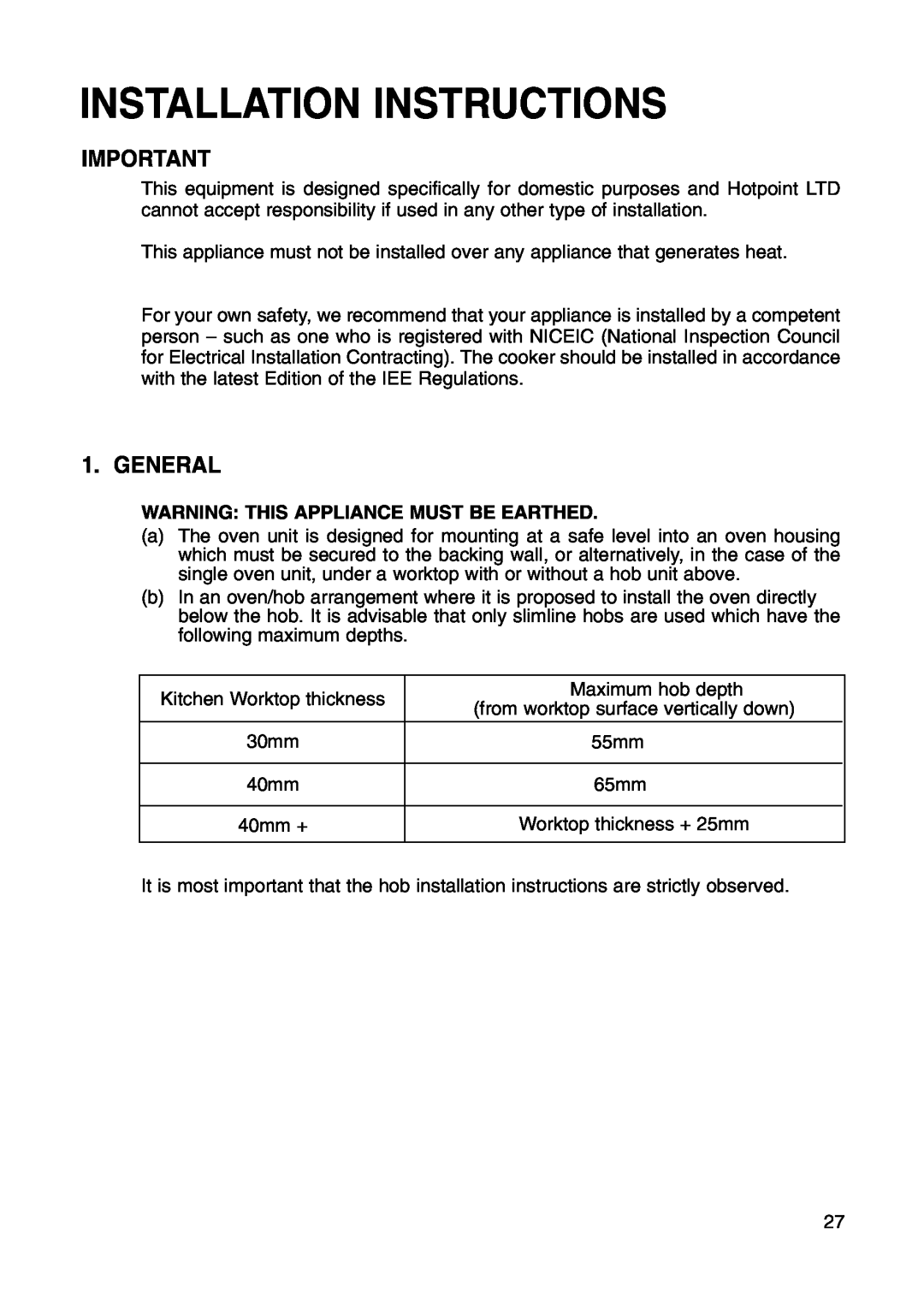 Hotpoint BS41X manual Installation Instructions, General 