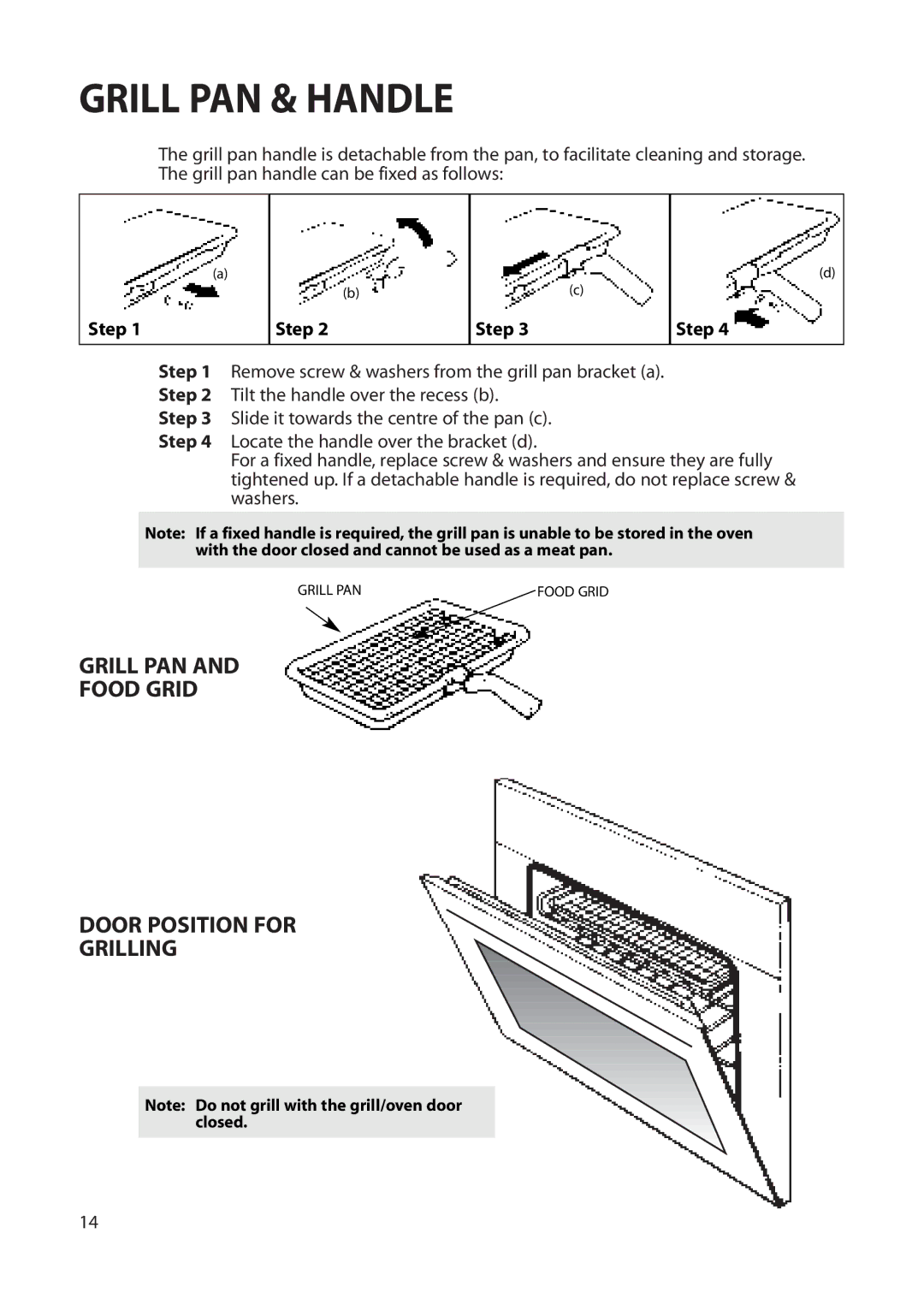 Hotpoint BS42 BS52 manual Grill PAN & Handle, Grill PAN Food Grid Door Position for Grilling, Step 