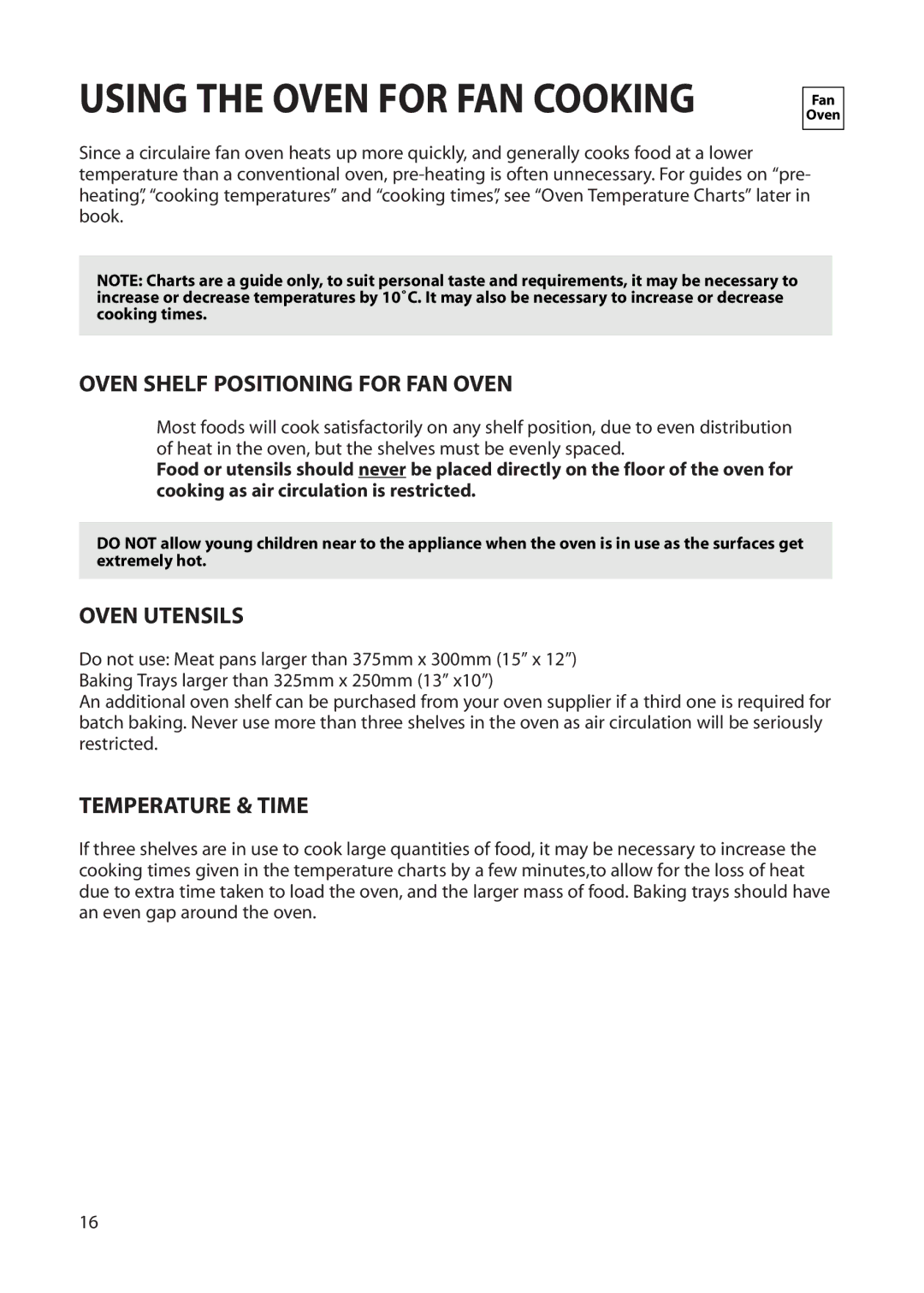 Hotpoint BS42 BS52 manual Oven Shelf Positioning for FAN Oven, Oven Utensils, Temperature & Time 