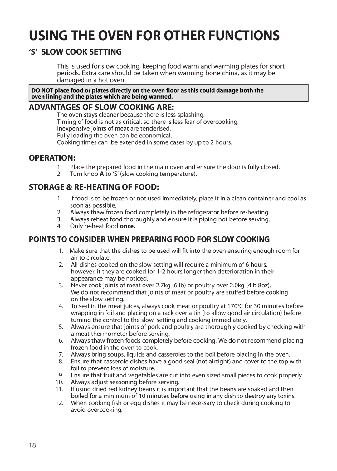 Hotpoint BS42 BS52 manual ‘S’ Slow Cook Setting, Advantages of Slow Cooking are, Operation, Storage & RE-HEATING of Food 