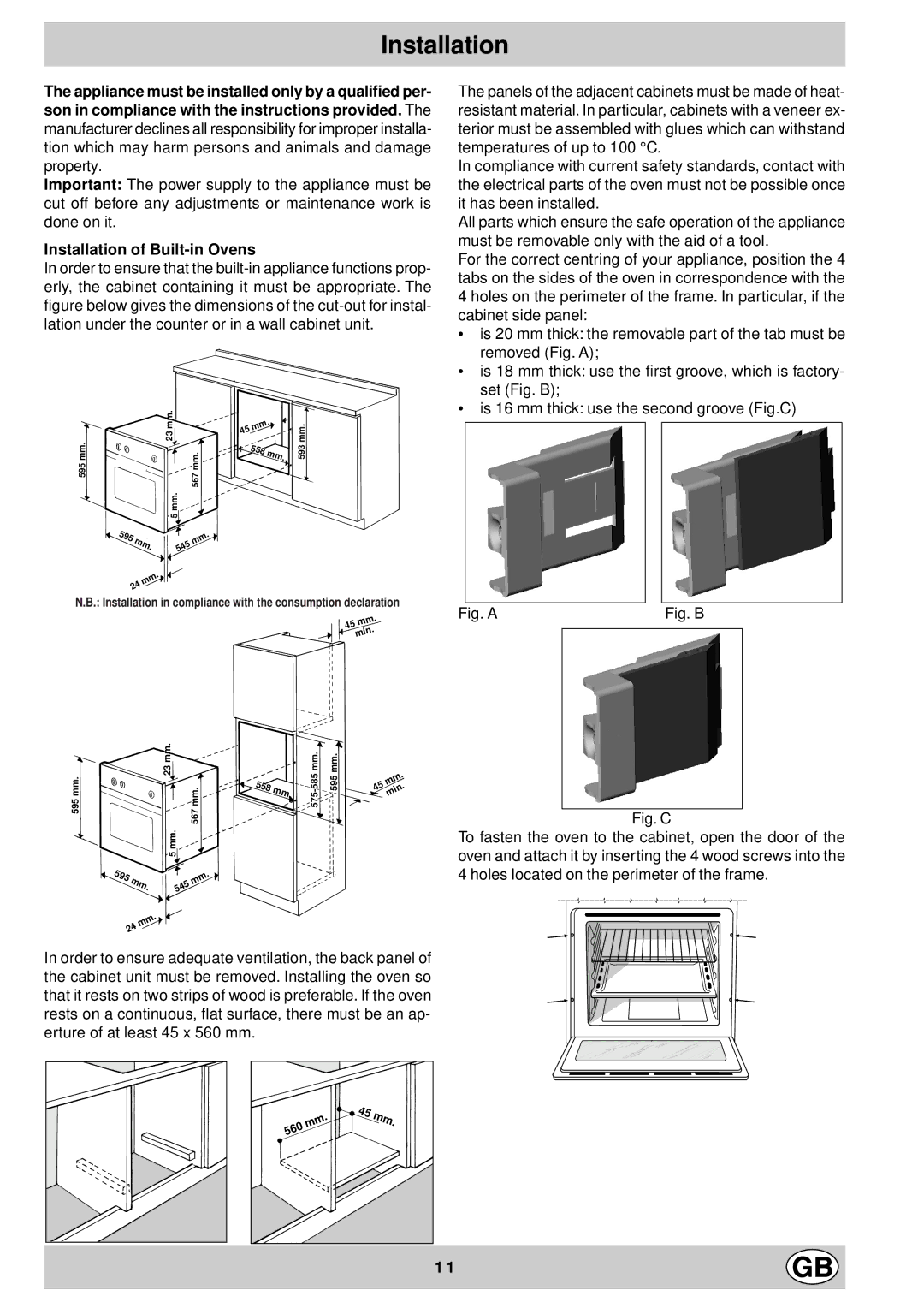 Hotpoint BS53, BS43 manual Installation of Built-in Ovens 