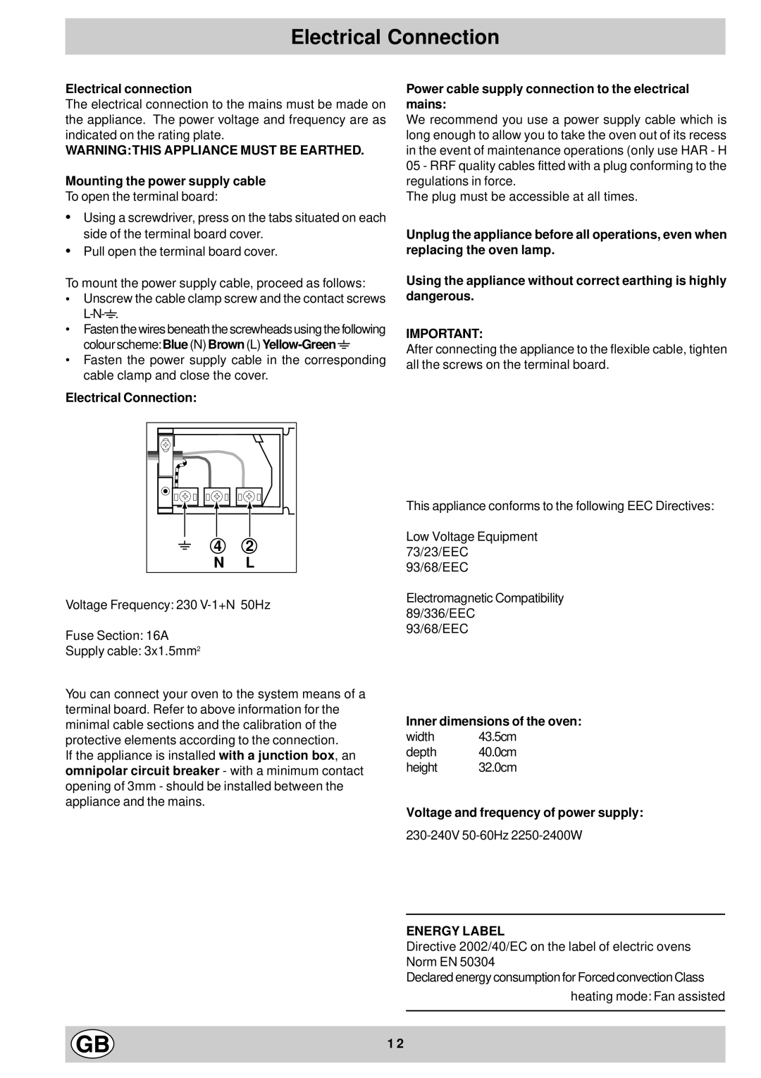 Hotpoint BS43, BS53 manual Electrical Connection, N L 