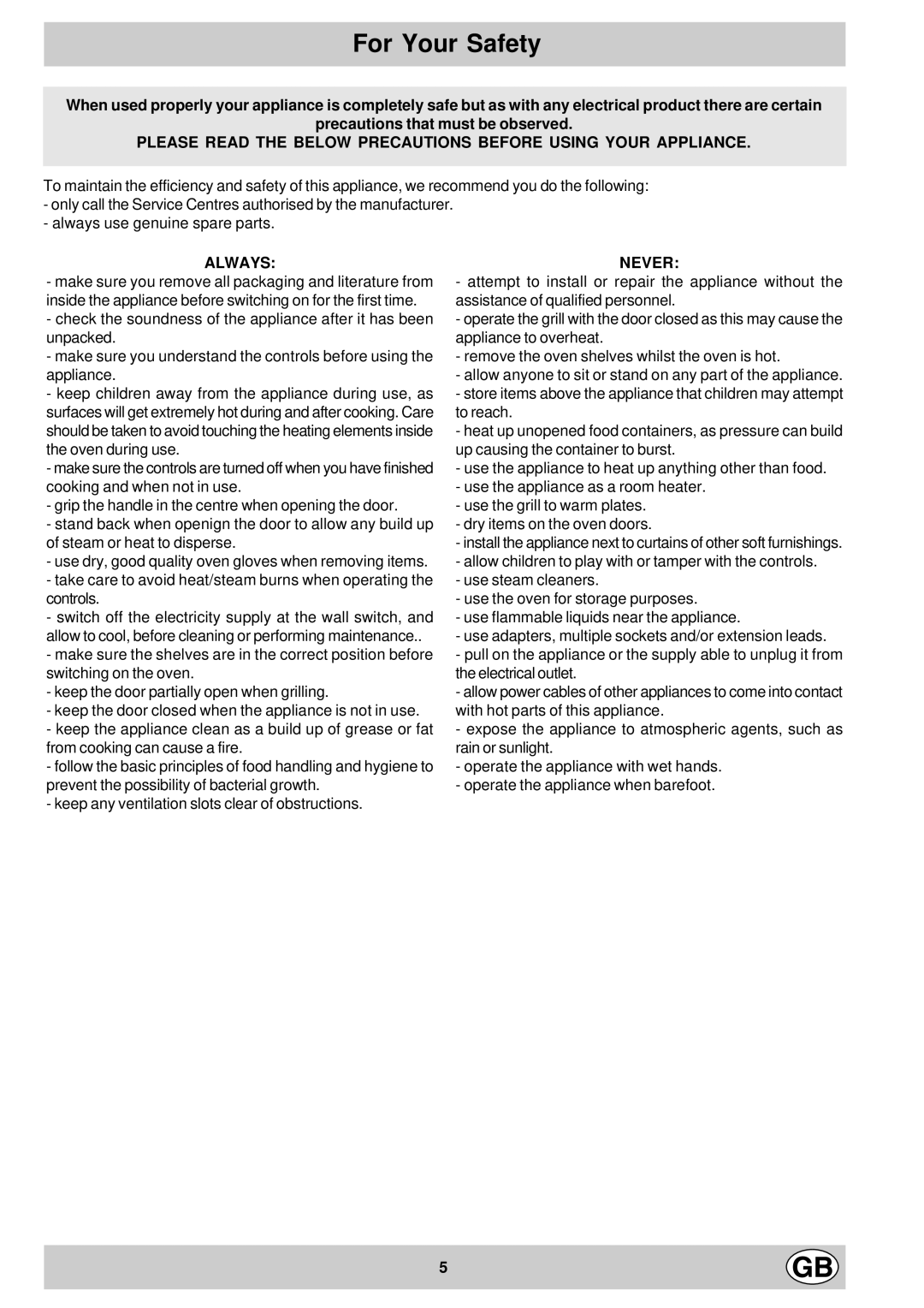 Hotpoint BS53, BS43 manual For Your Safety, Always 