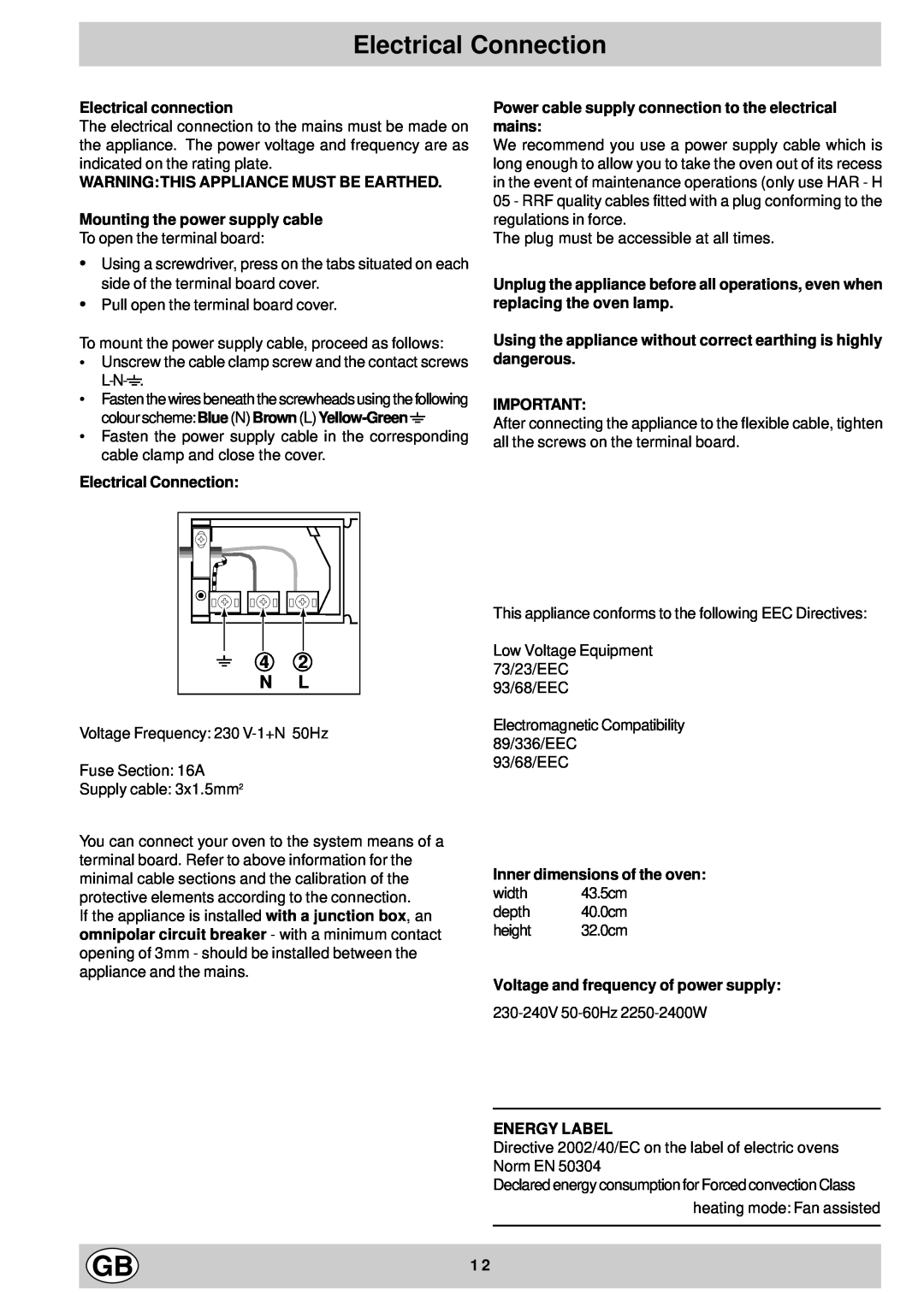 Hotpoint BS43, BS53 manual Electrical Connection, 4 2 N L 