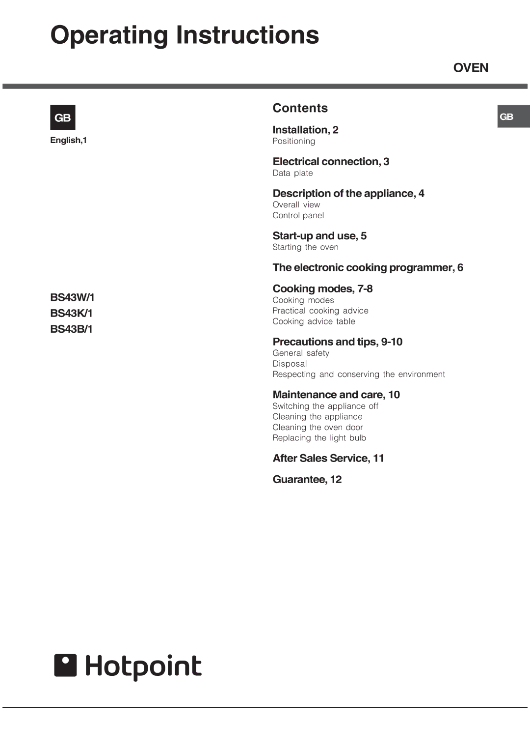 Hotpoint BS43K/1, BS43B/1, BS43W/1 manual Operating Instructions, Oven 